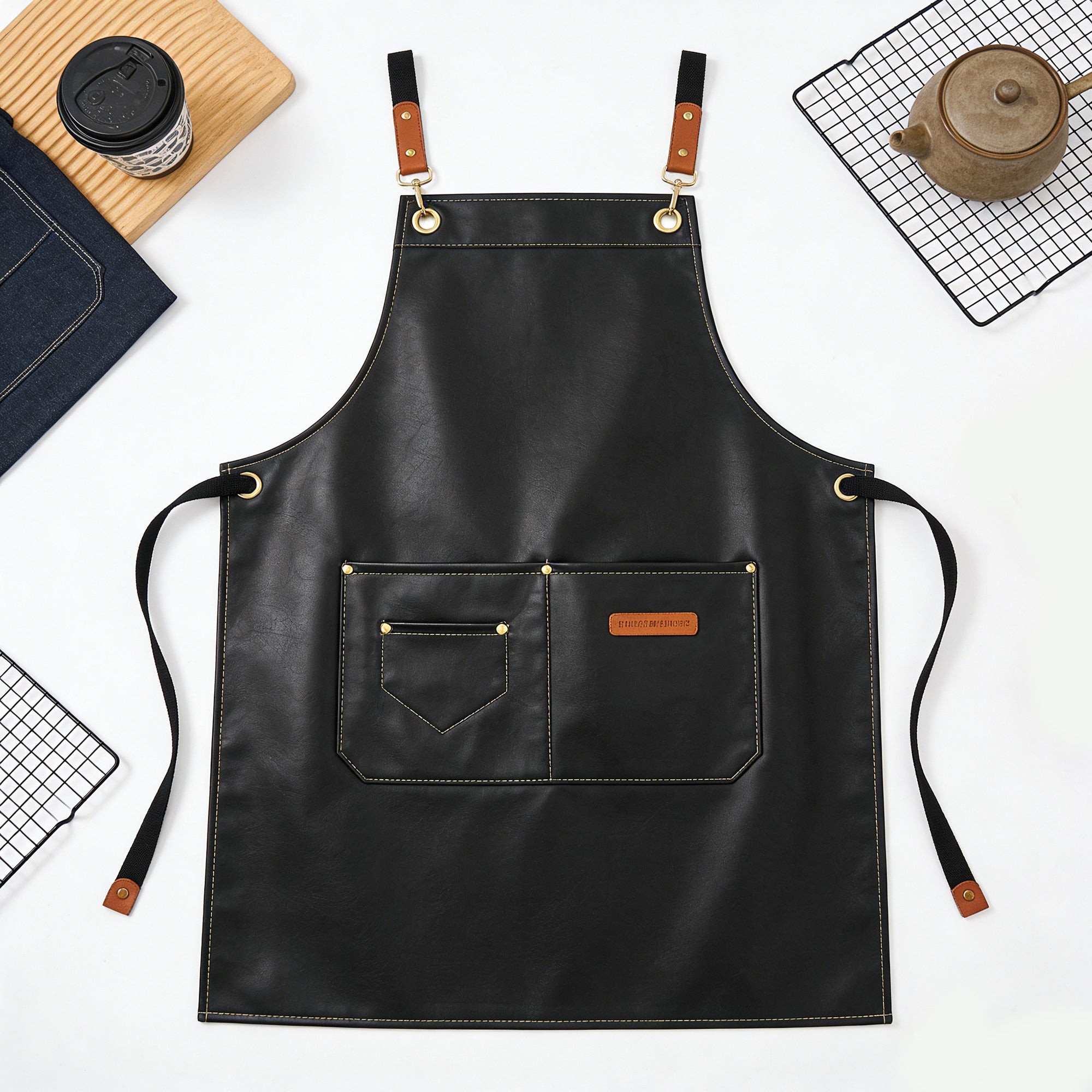 Anna-Kaci PU Leather Kitchen Apron with Multi Pocket Work Apron for Cooking Barista Grilling