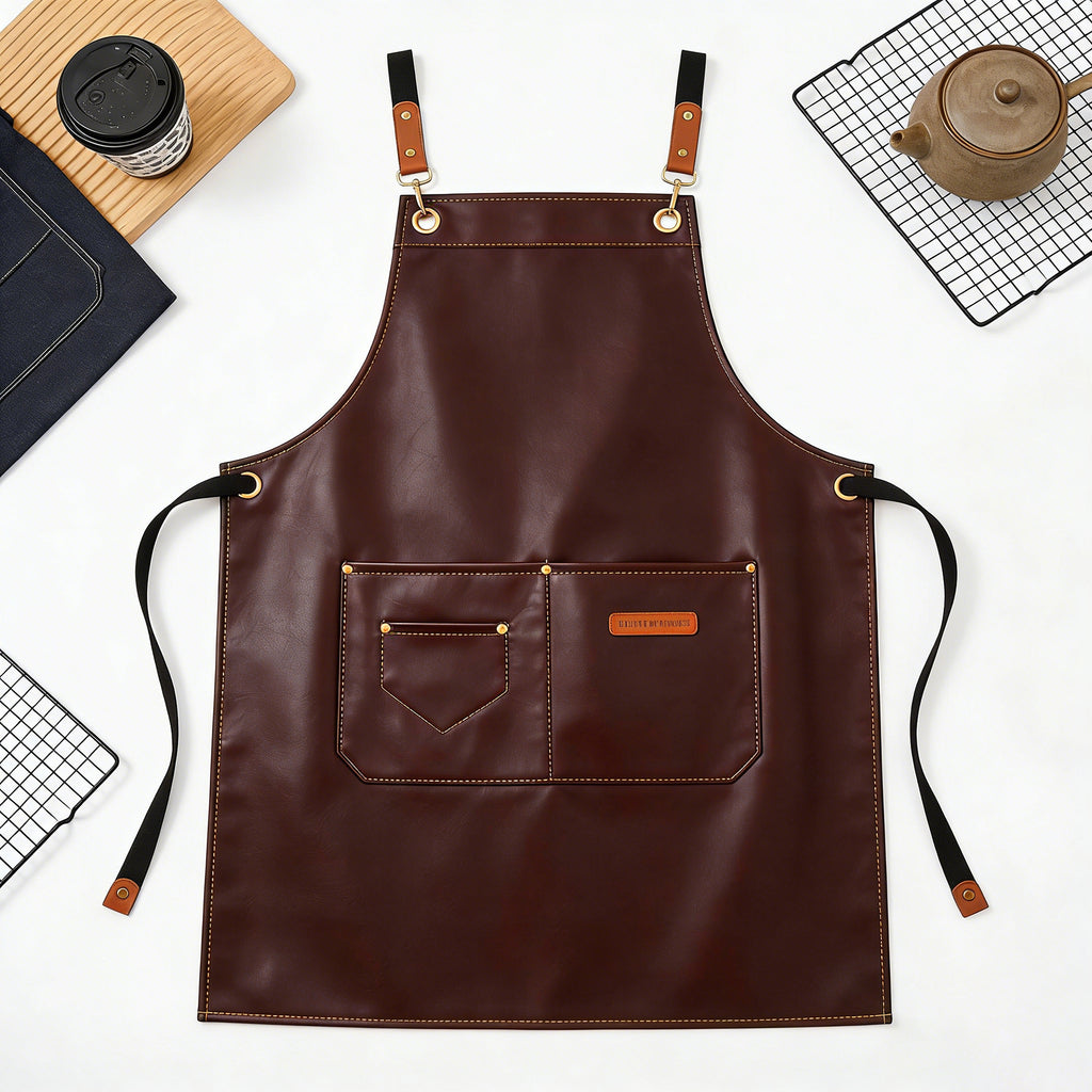 Anna-Kaci PU Leather Kitchen Apron with Multi Pocket Work Apron for Cooking Barista Grilling