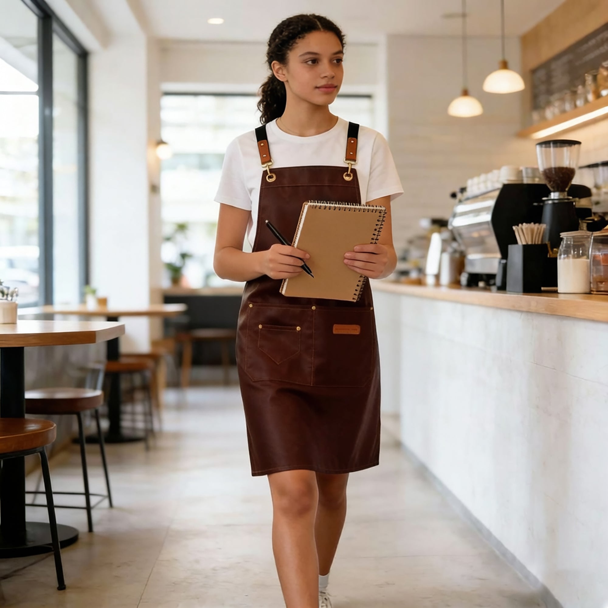 Anna-Kaci PU Leather Kitchen Apron with Multi Pocket Work Apron for Cooking Barista Grilling