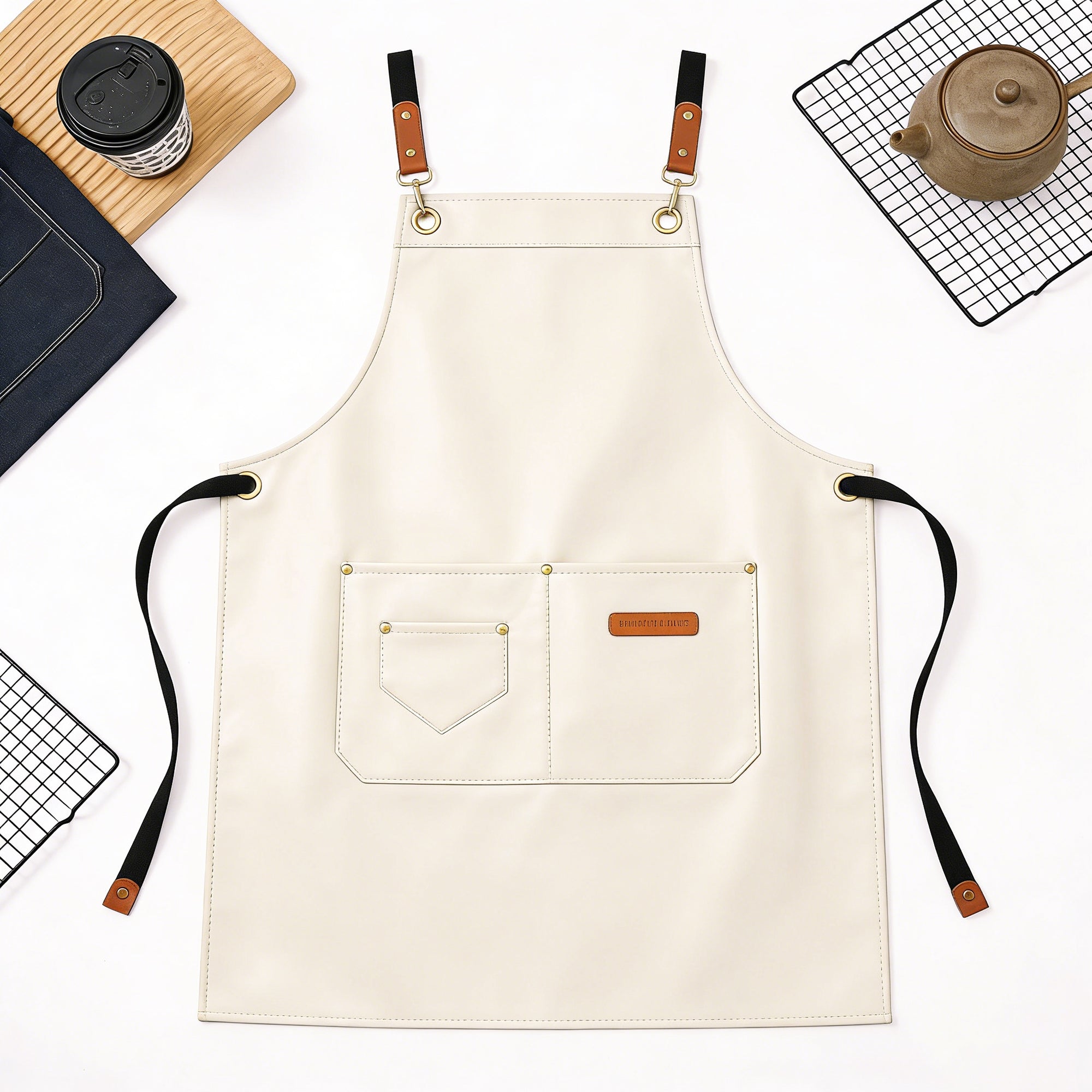Anna-Kaci PU Leather Kitchen Apron with Multi Pocket Work Apron for Cooking Barista Grilling
