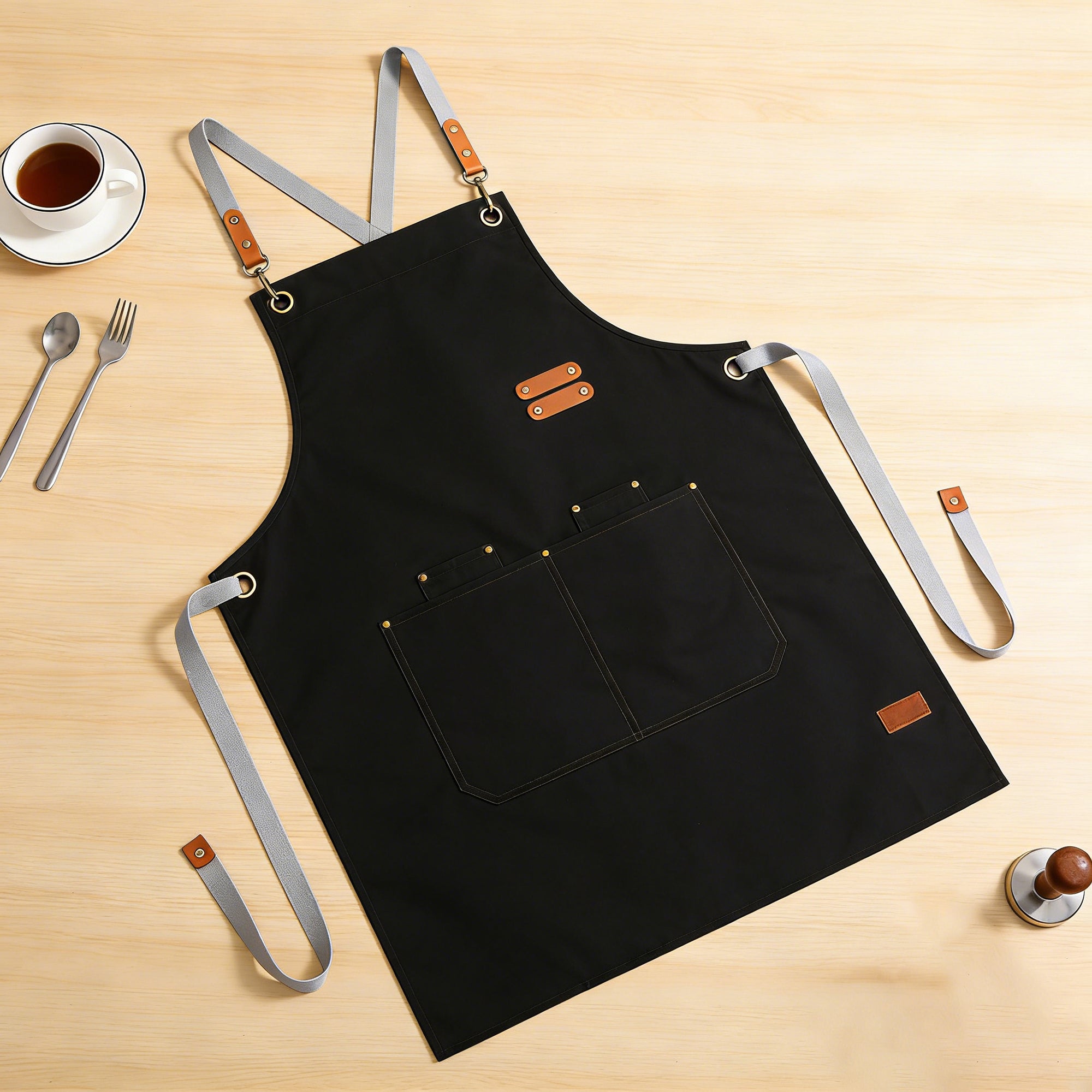 Anna-Kaci PU Leather Kitchen Apron with Adjustable Cross Back Straps Multi Pocket Work Apron for Cooking