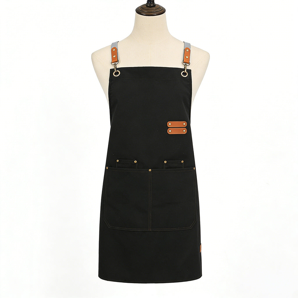 Anna-Kaci PU Leather Kitchen Apron with Adjustable Cross Back Straps Multi Pocket Work Apron for Cooking