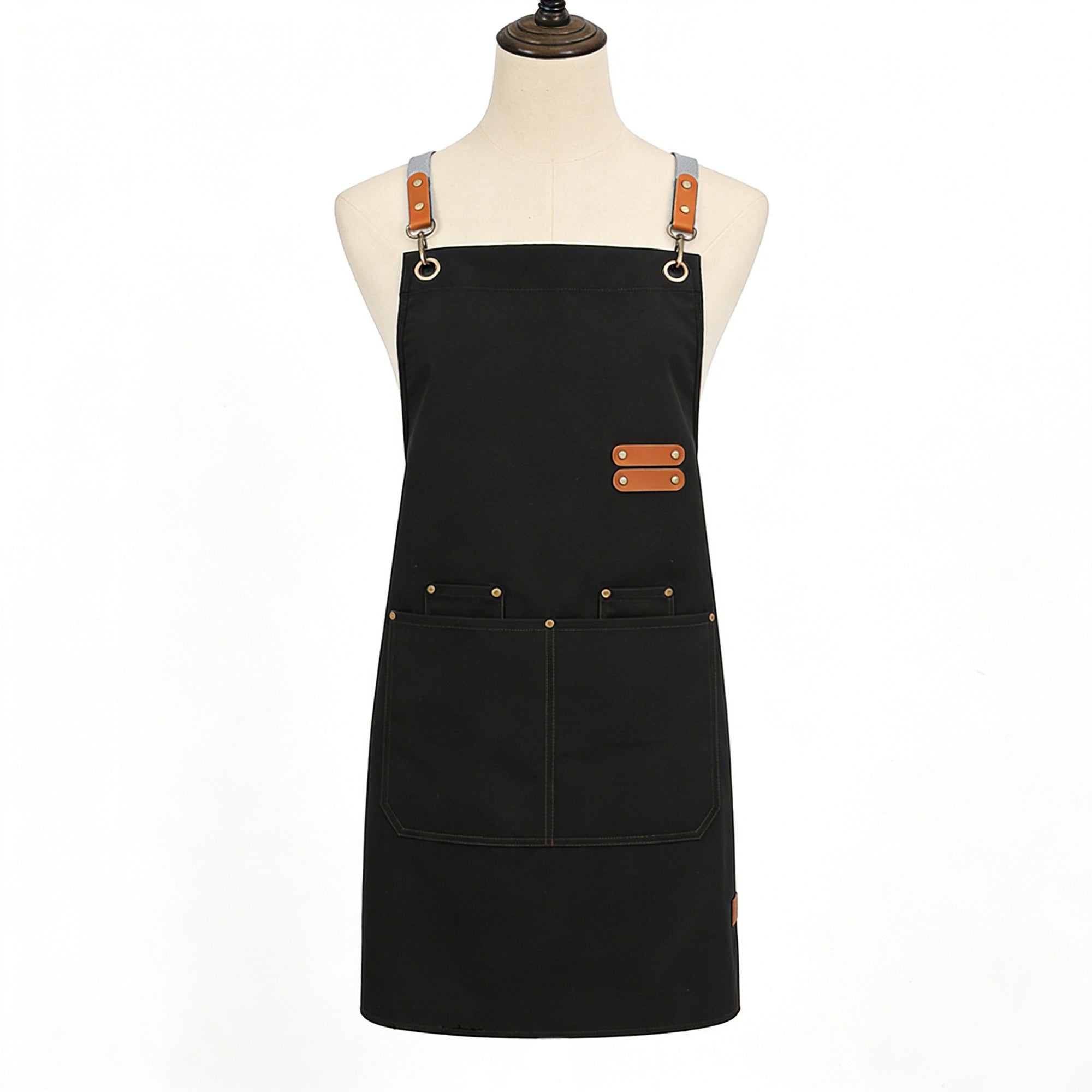 Anna-Kaci PU Leather Kitchen Apron with Adjustable Cross Back Straps Multi Pocket Work Apron for Cooking