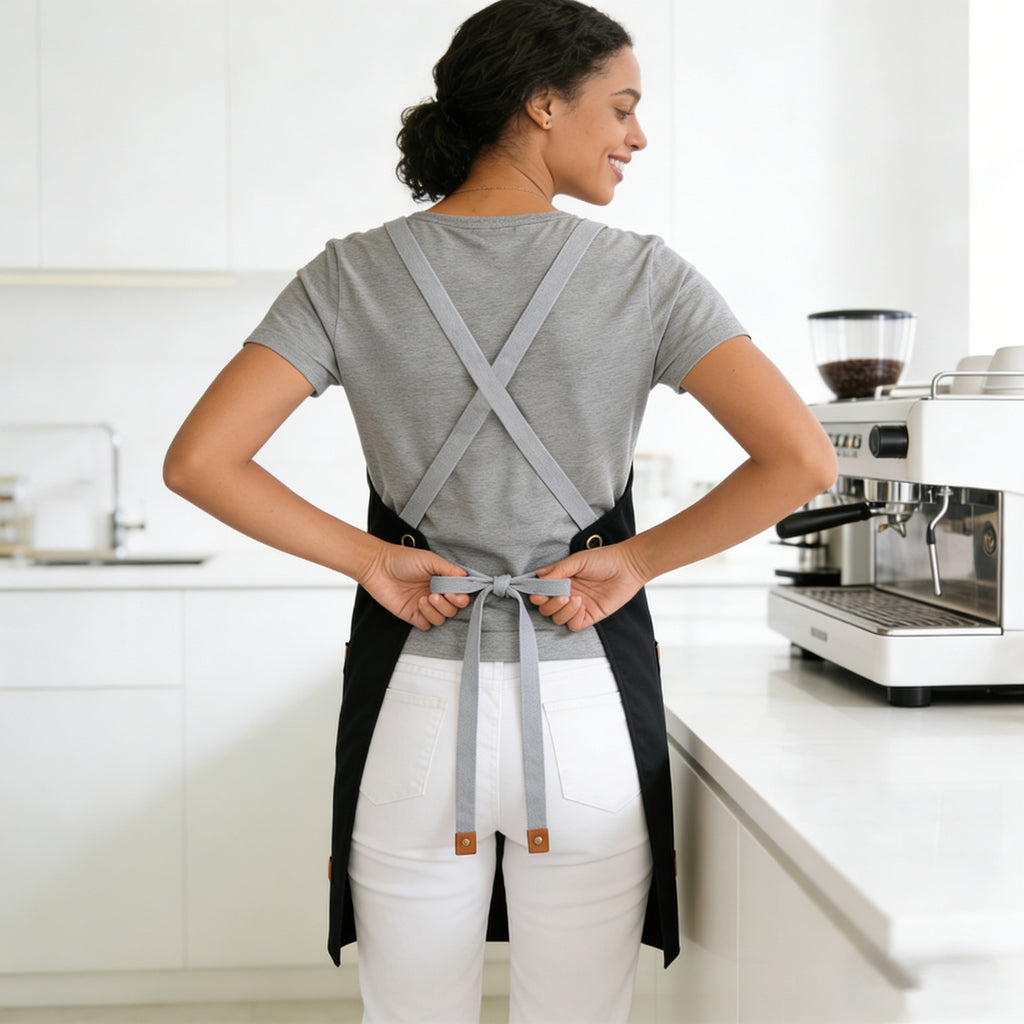 Anna-Kaci PU Leather Kitchen Apron with Adjustable Cross Back Straps Multi Pocket Work Apron for Cooking