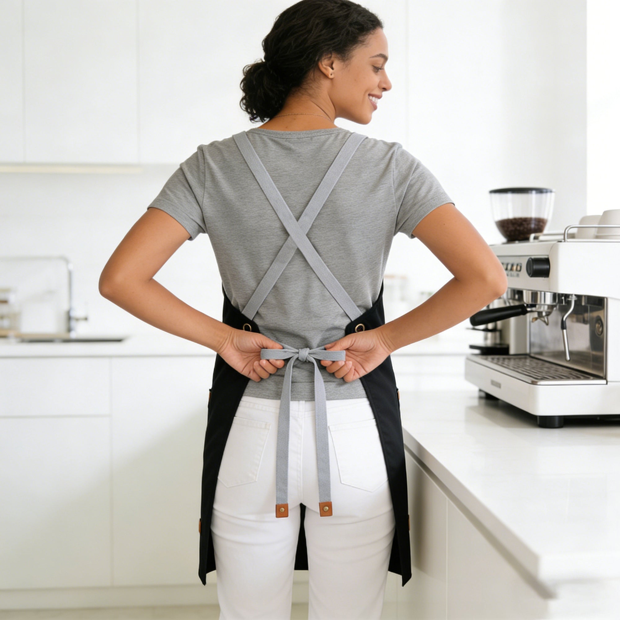 Anna-Kaci PU Leather Kitchen Apron with Adjustable Cross Back Straps Multi Pocket Work Apron for Cooking
