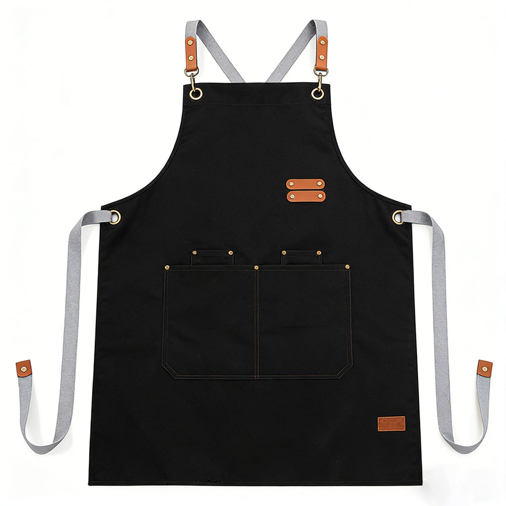 Anna-Kaci PU Leather Kitchen Apron with Adjustable Cross Back Straps Multi Pocket Work Apron for Cooking