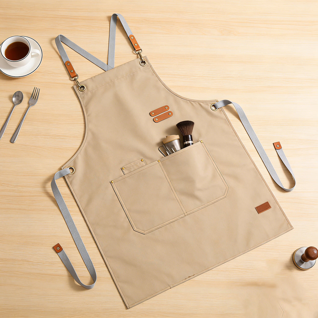 Anna-Kaci PU Leather Kitchen Apron with Adjustable Cross Back Straps Multi Pocket Work Apron for Cooking