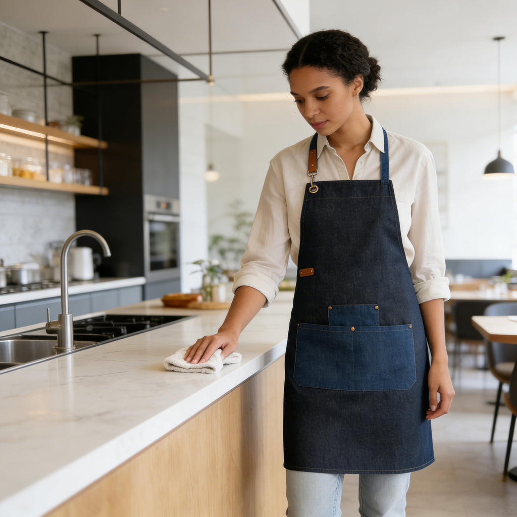 Anna-Kaci Denim Kitchen Apron with Adjustable Neck Strap Multi Pocket Work Apron for Cooking Baking Barista