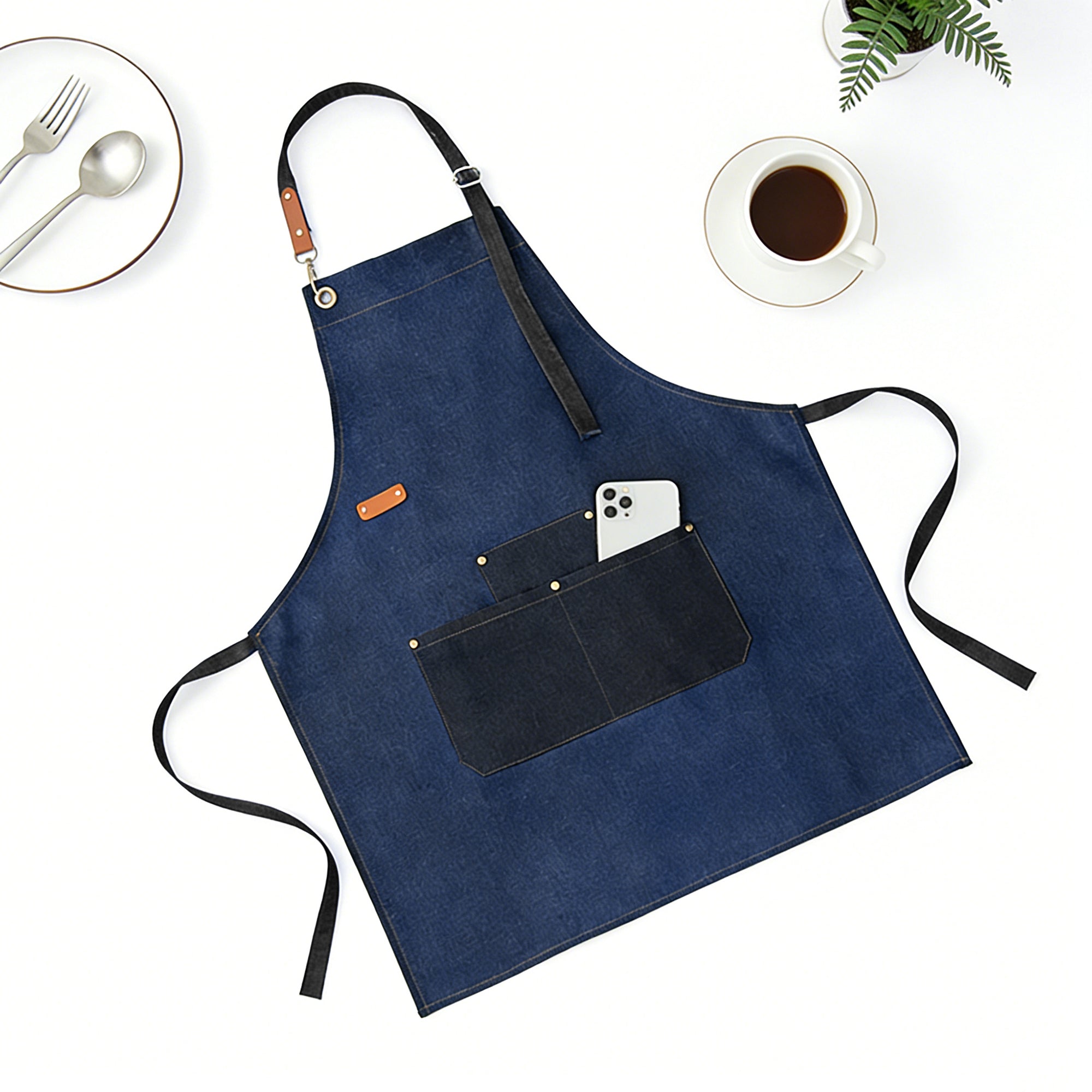 Anna-Kaci Denim Kitchen Apron with Adjustable Neck Strap Multi Pocket Work Apron for Cooking Baking Barista
