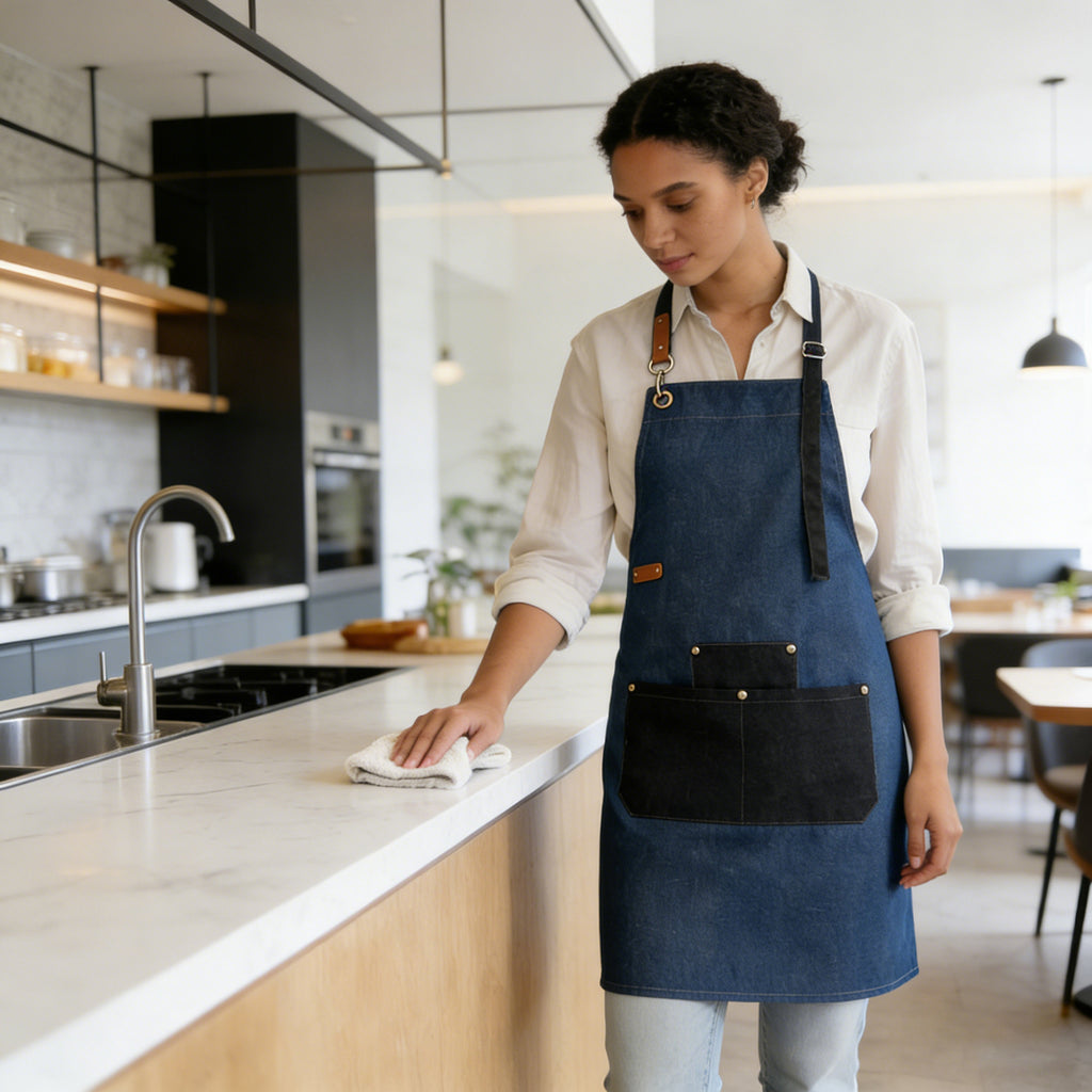 Anna-Kaci Denim Kitchen Apron with Adjustable Neck Strap Multi Pocket Work Apron for Cooking Baking Barista