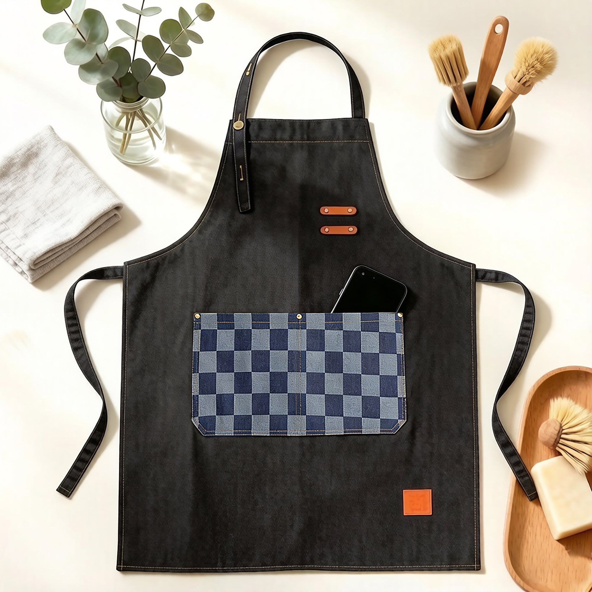 Anna-Kaci Denim Kitchen Apron with Adjustable Neck Strap Multi Pocket Work Apron for Cooking Baking Barista