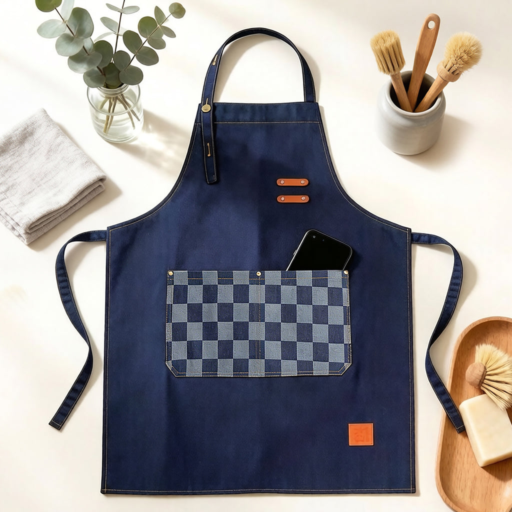 Anna-Kaci Denim Kitchen Apron with Adjustable Neck Strap Multi Pocket Work Apron for Cooking Baking Barista