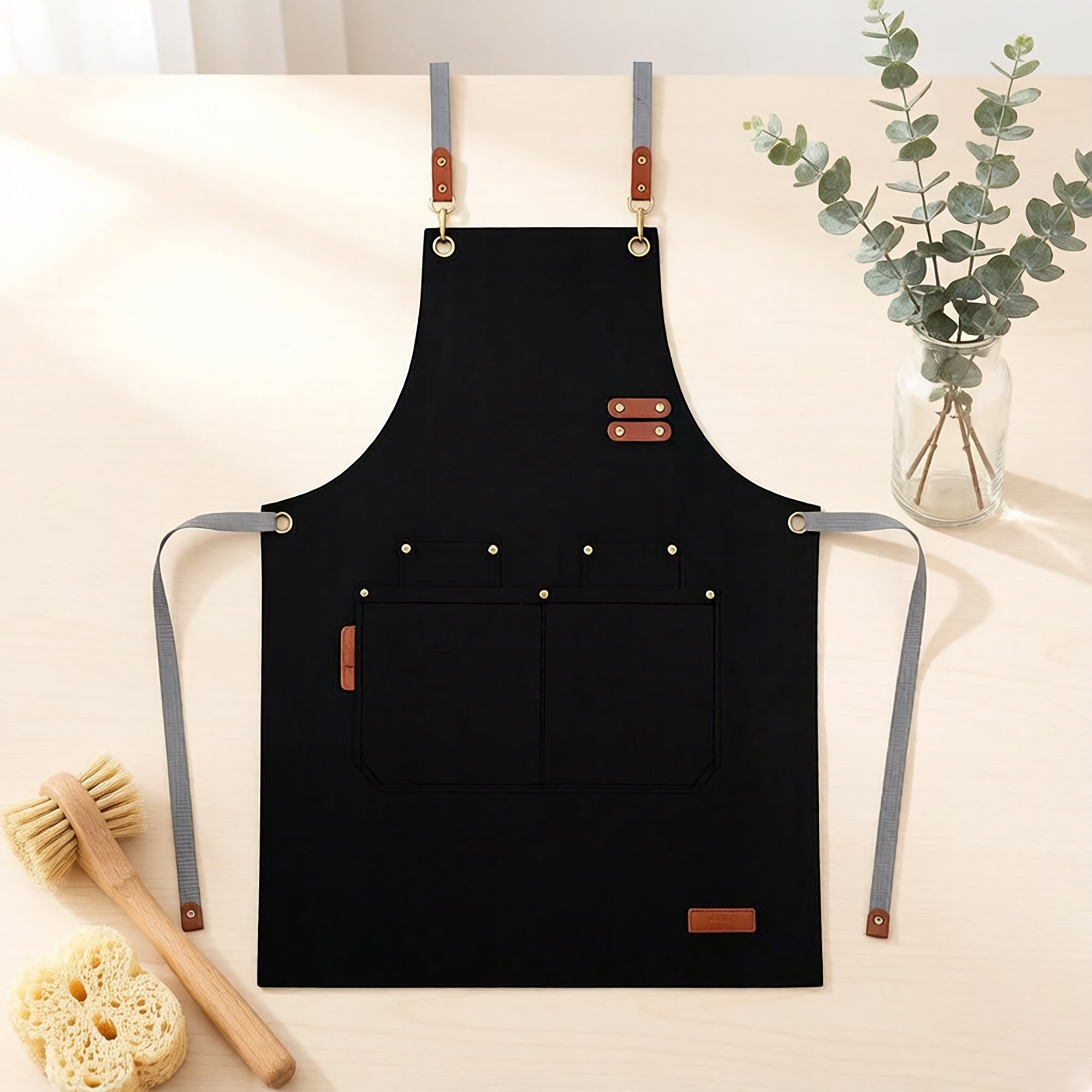 Anna-Kaci Canvas Work Apron with Multi Pocket Kitchen Apron for Cooking Baking Cleaning Gardening