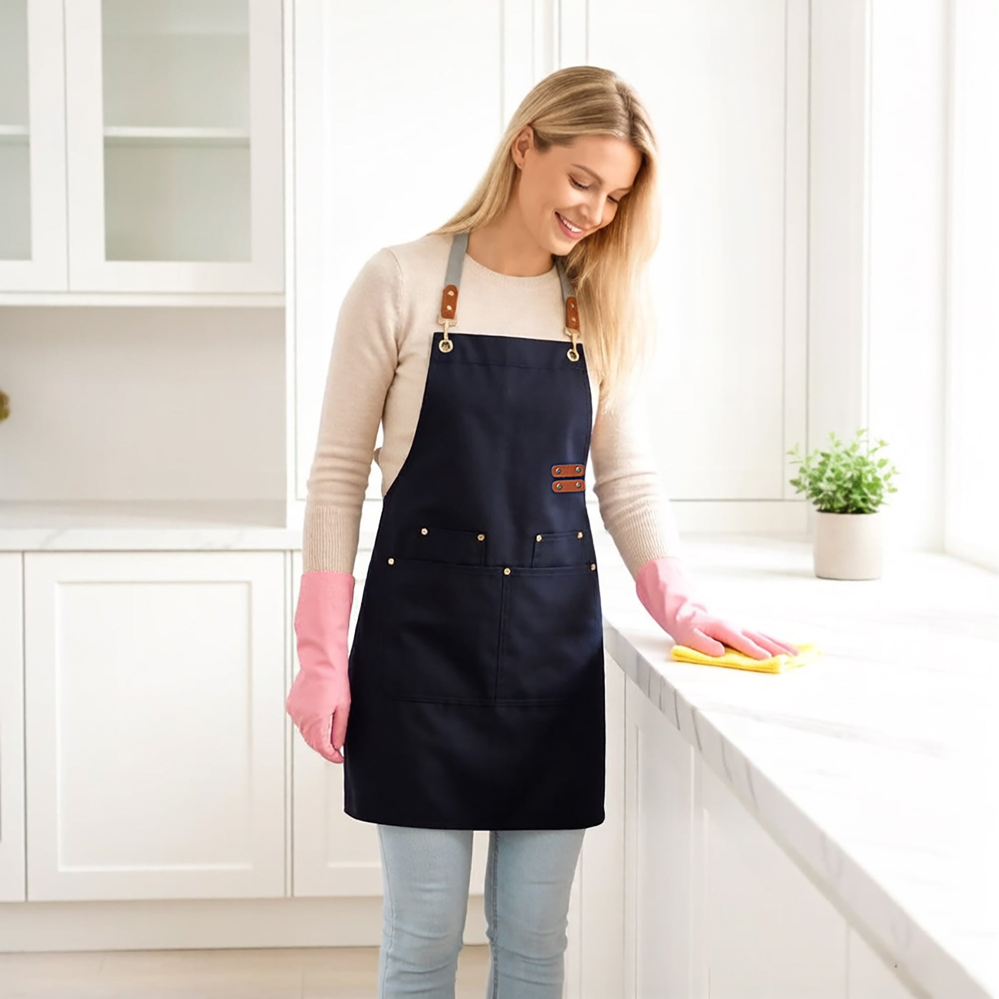 Anna-Kaci Canvas Work Apron with Multi Pocket Kitchen Apron for Cooking Baking Cleaning Gardening
