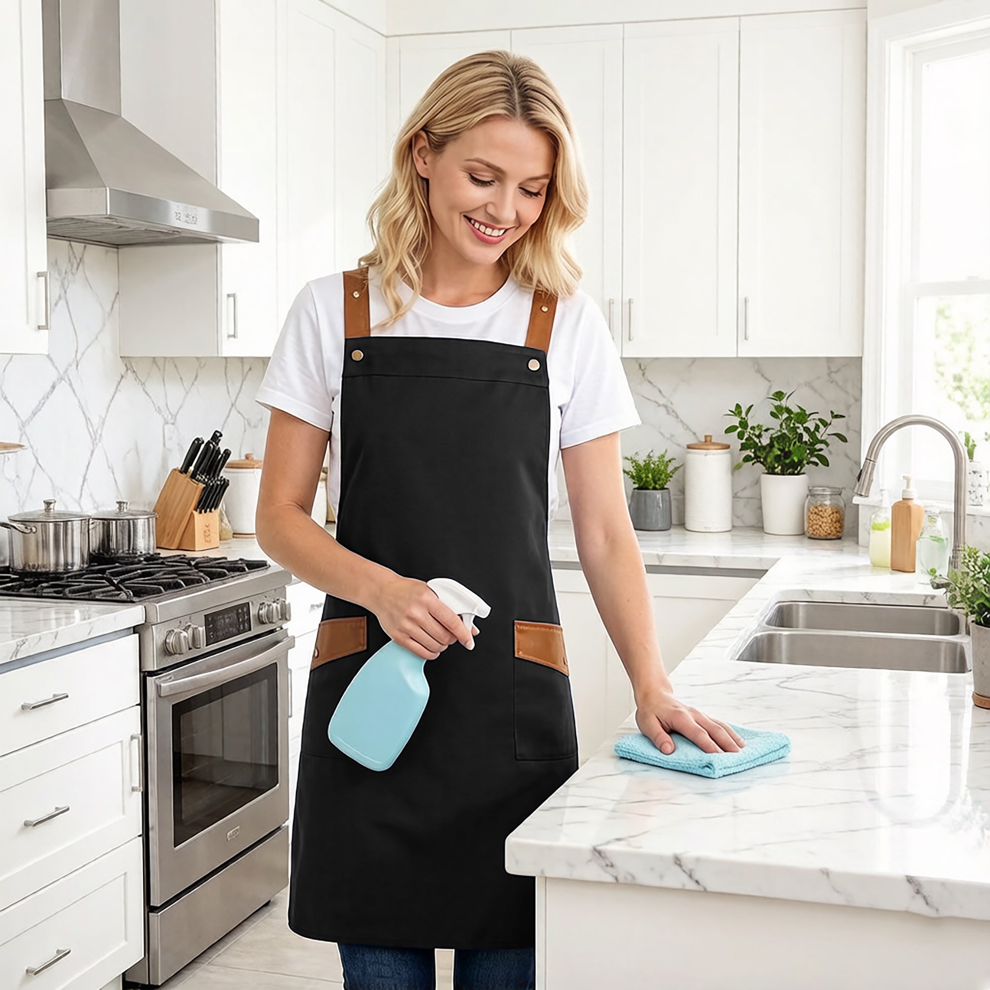 Anna-Kaci Canvas Kitchen Apron with Adjustable Shoulder Straps Multi Pocket Work Apron for Cooking Cleaning