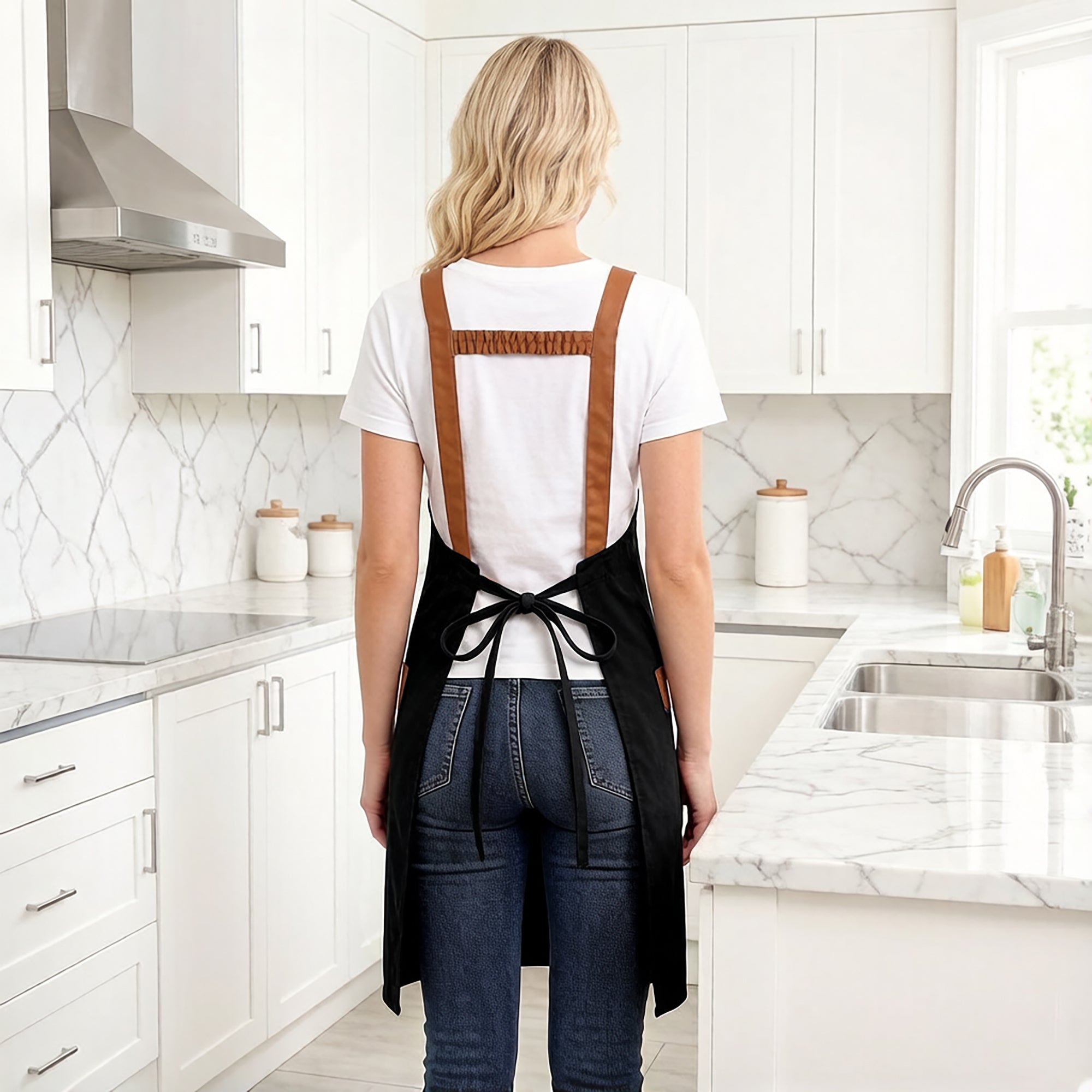 Anna-Kaci Canvas Kitchen Apron with Adjustable Shoulder Straps Multi Pocket Work Apron for Cooking Cleaning