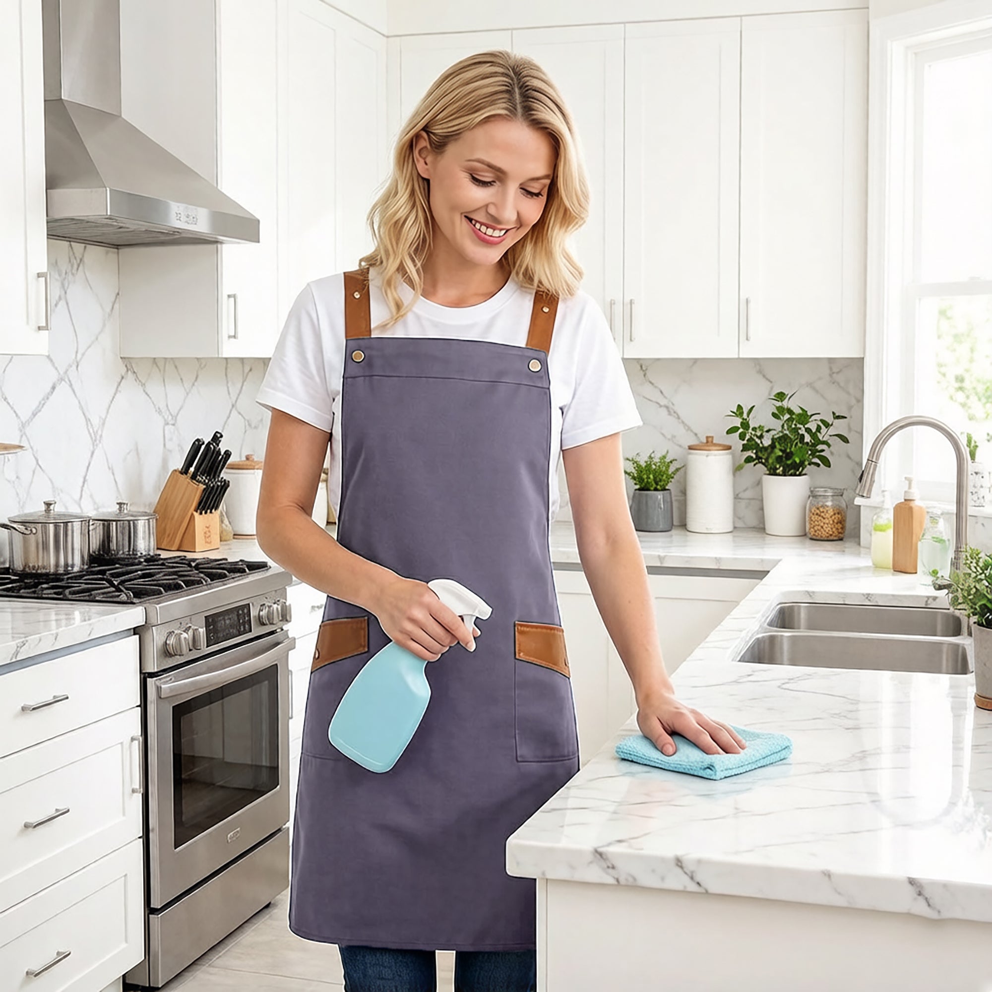 Anna-Kaci Canvas Kitchen Apron with Adjustable Shoulder Straps Multi Pocket Work Apron for Cooking Cleaning