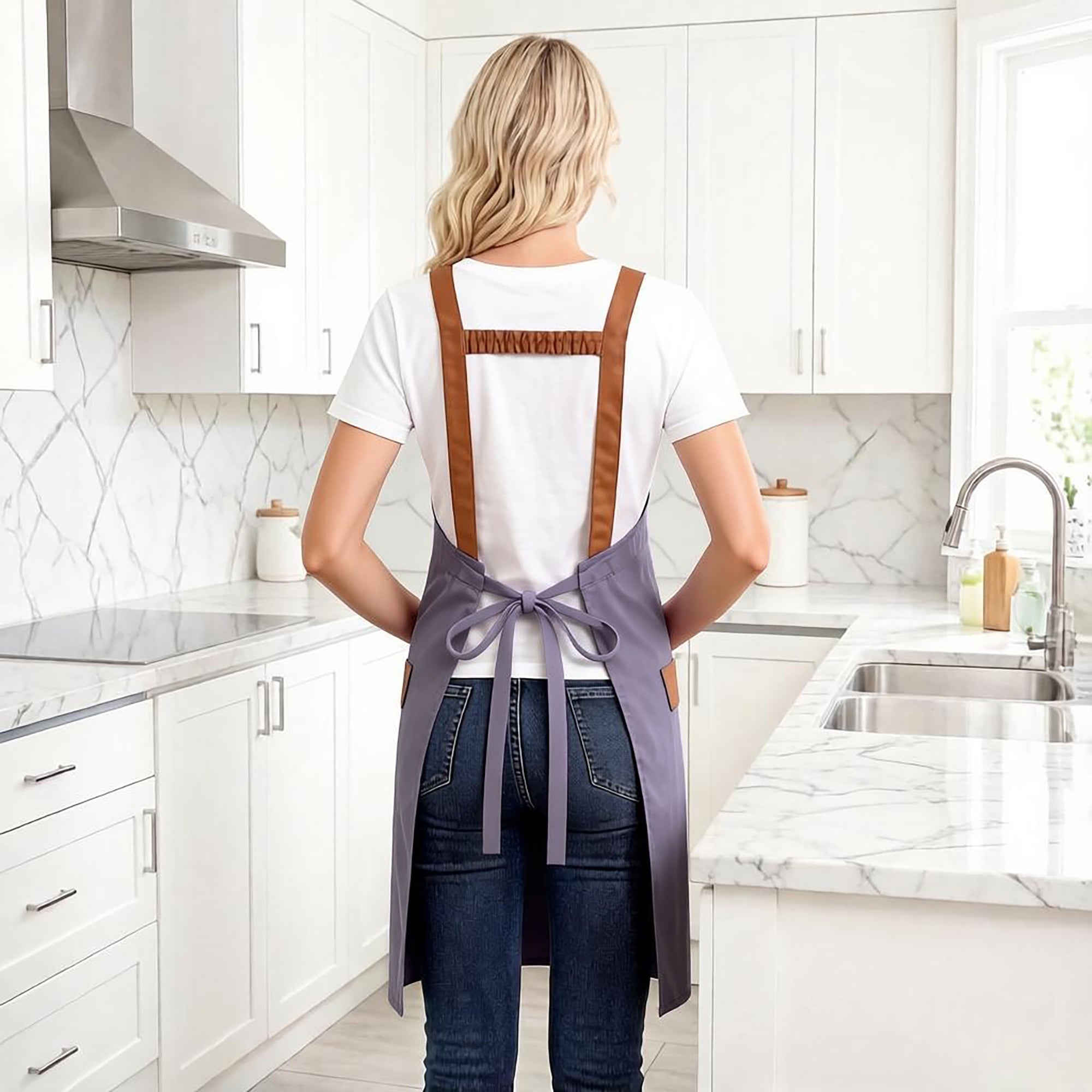 Anna-Kaci Canvas Kitchen Apron with Adjustable Shoulder Straps Multi Pocket Work Apron for Cooking Cleaning