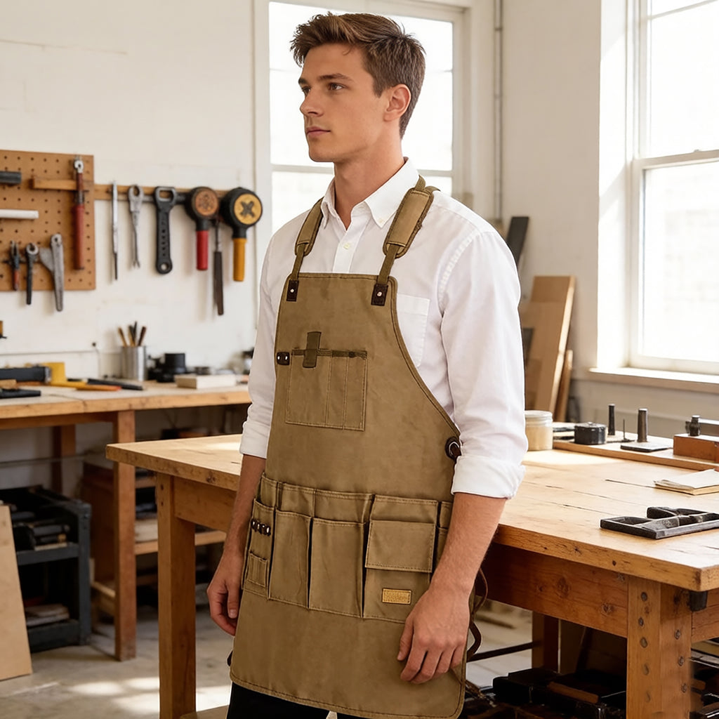 Anna-Kaci Canvas Work Apron with Multiple Tool Pockets Utility Apron for Workshop Kitchen Gardening