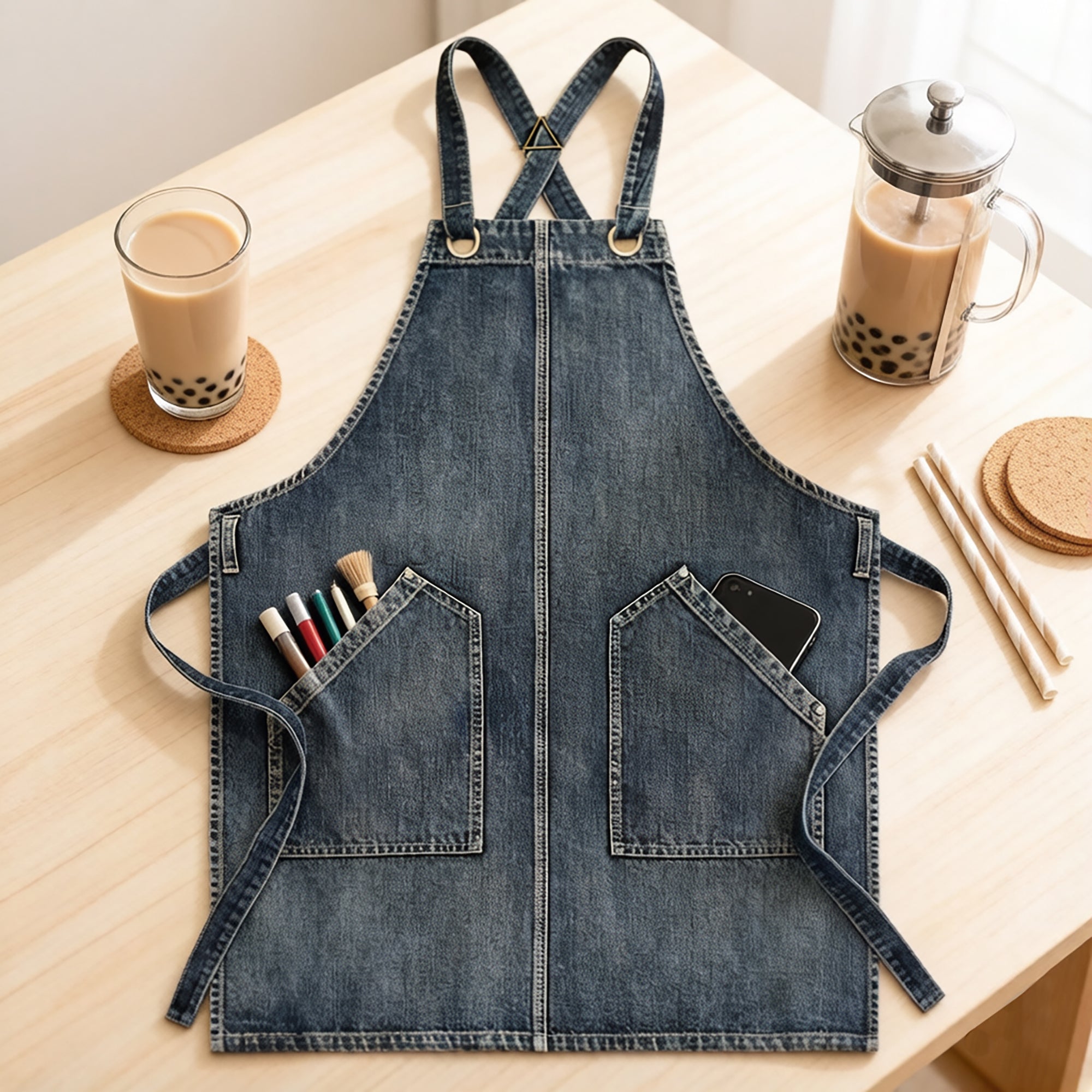 Anna-Kaci Denim Style Work Apron with Dual Front Pockets Utility Apron for Kitchen Cafe Workshop and Home Use