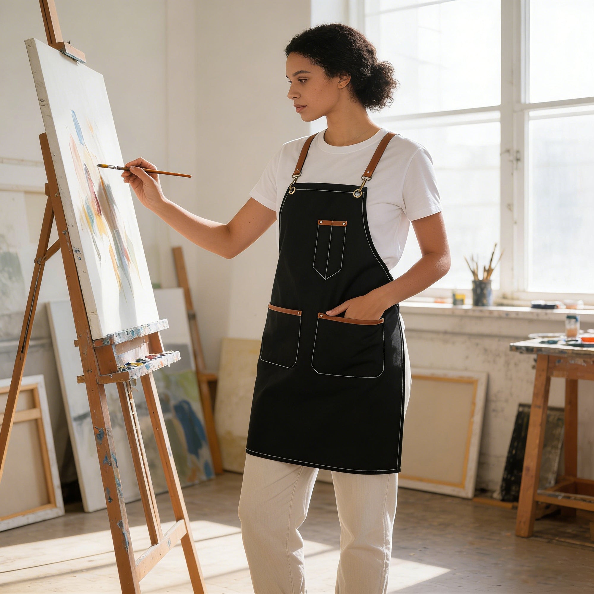 Anna-Kaci Denim Work Apron with Multi Pocket Utility Apron Full Coverage for Kitchen Studio Workshop and Home