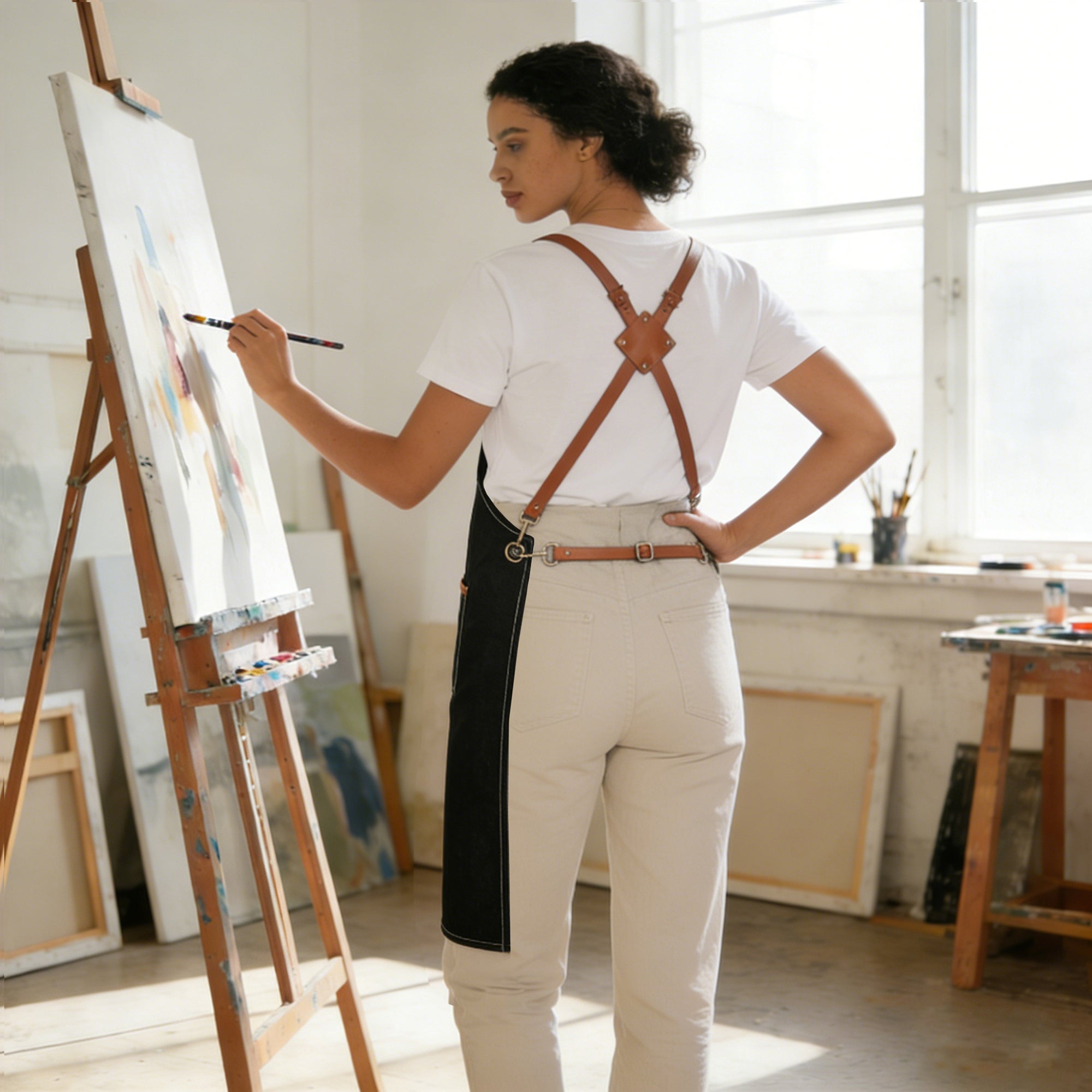 Anna-Kaci Denim Work Apron with Multi Pocket Utility Apron Full Coverage for Kitchen Studio Workshop and Home