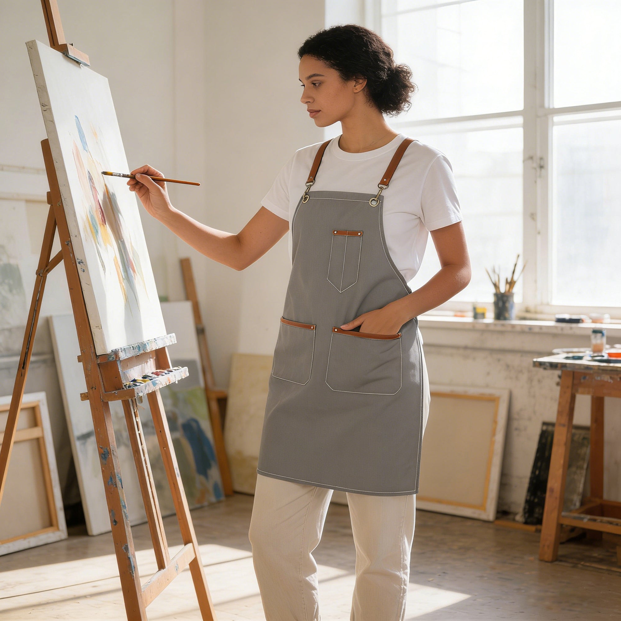 Anna-Kaci Denim Work Apron with Multi Pocket Utility Apron Full Coverage for Kitchen Studio Workshop and Home