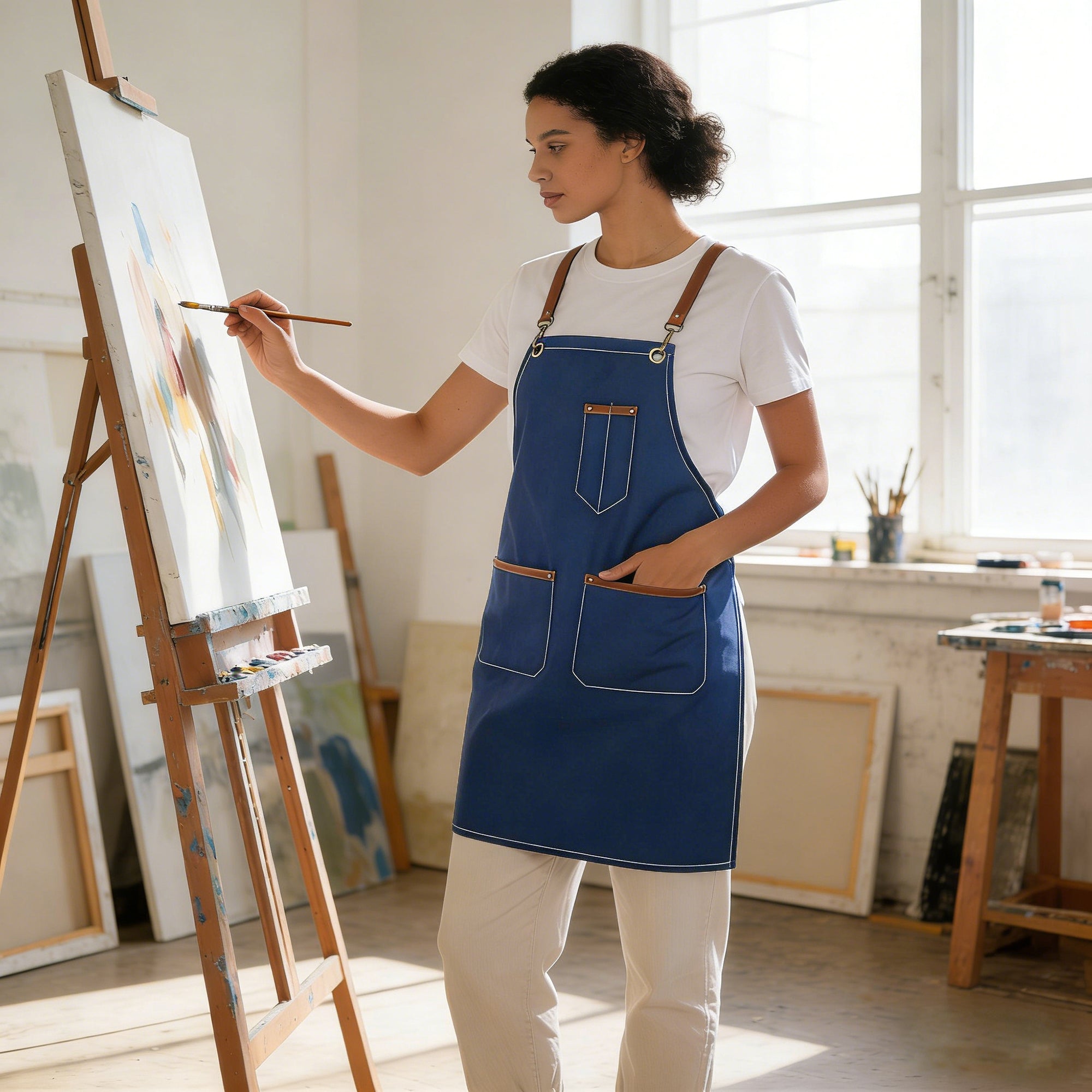 Anna-Kaci Denim Work Apron with Multi Pocket Utility Apron Full Coverage for Kitchen Studio Workshop and Home