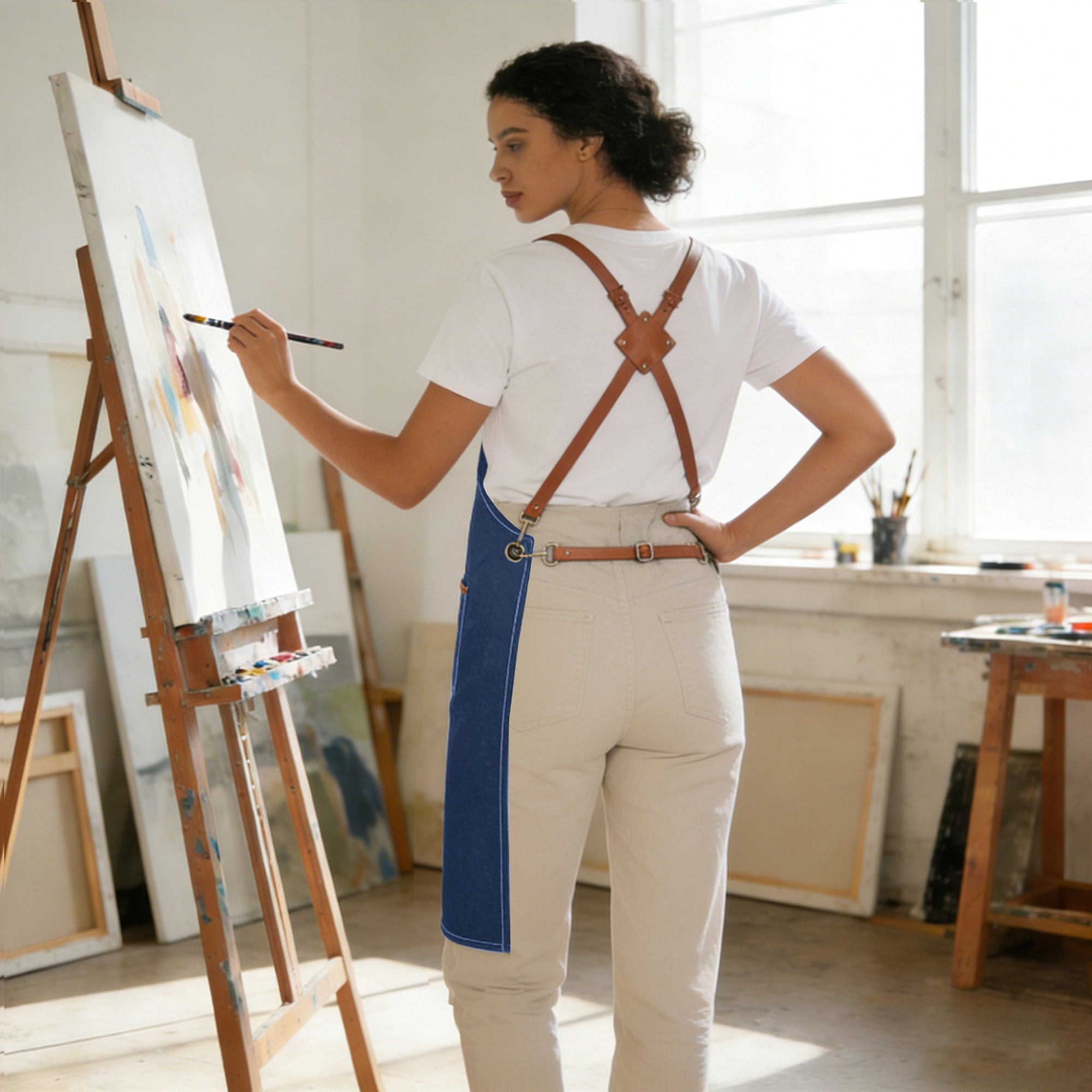 Anna-Kaci Denim Work Apron with Multi Pocket Utility Apron Full Coverage for Kitchen Studio Workshop and Home