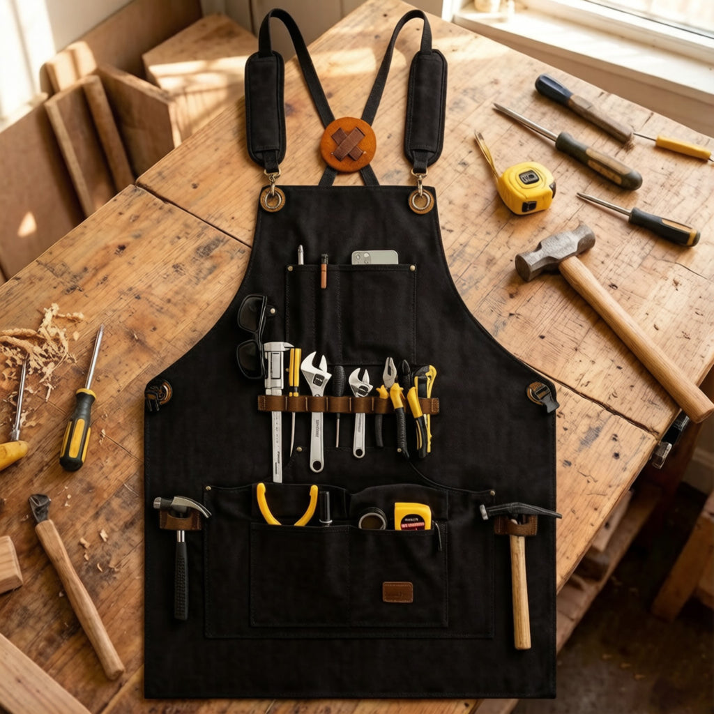 Anna-Kaci Heavy Duty Cotton Tool Apron with Adjustable Cross Back Straps Multi Pocket Work Apron for Woodwork