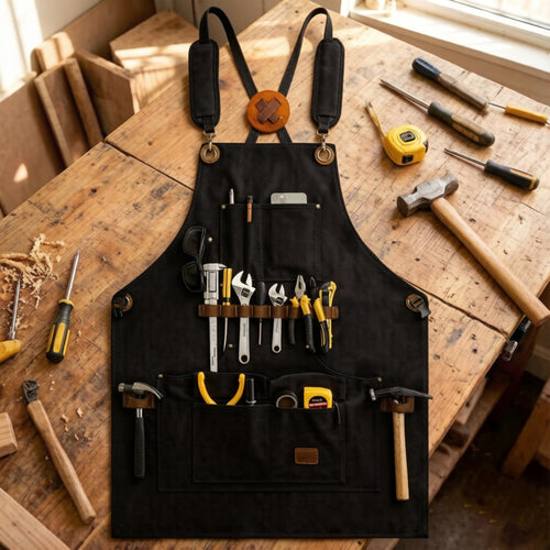 Anna-Kaci Heavy Duty Cotton Tool Apron with Adjustable Cross Back Straps Multi Pocket Work Apron for Woodwork