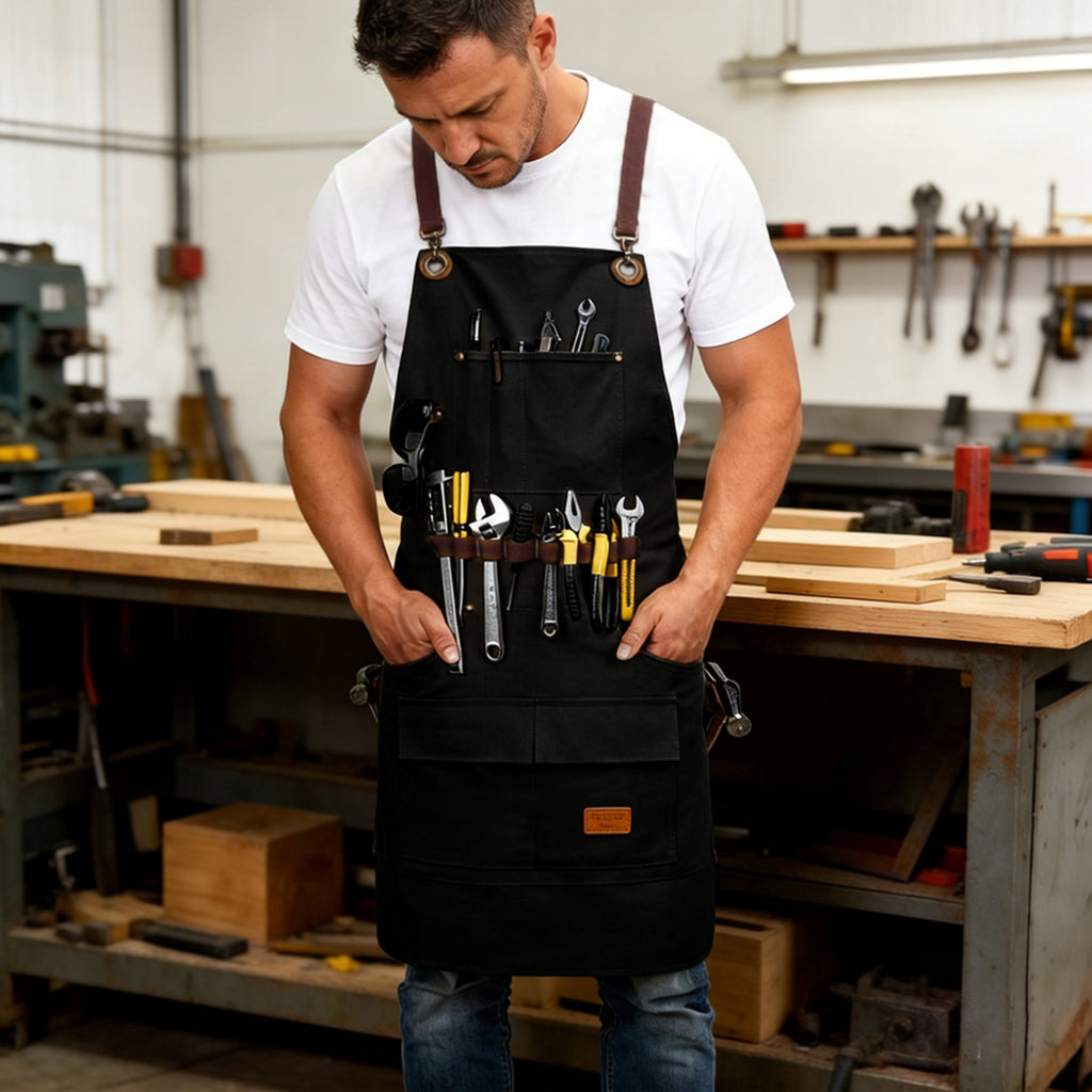 Anna-Kaci Heavy Duty Cotton Tool Apron with Adjustable Cross Back Straps Multi Pocket Work Apron for Woodwork