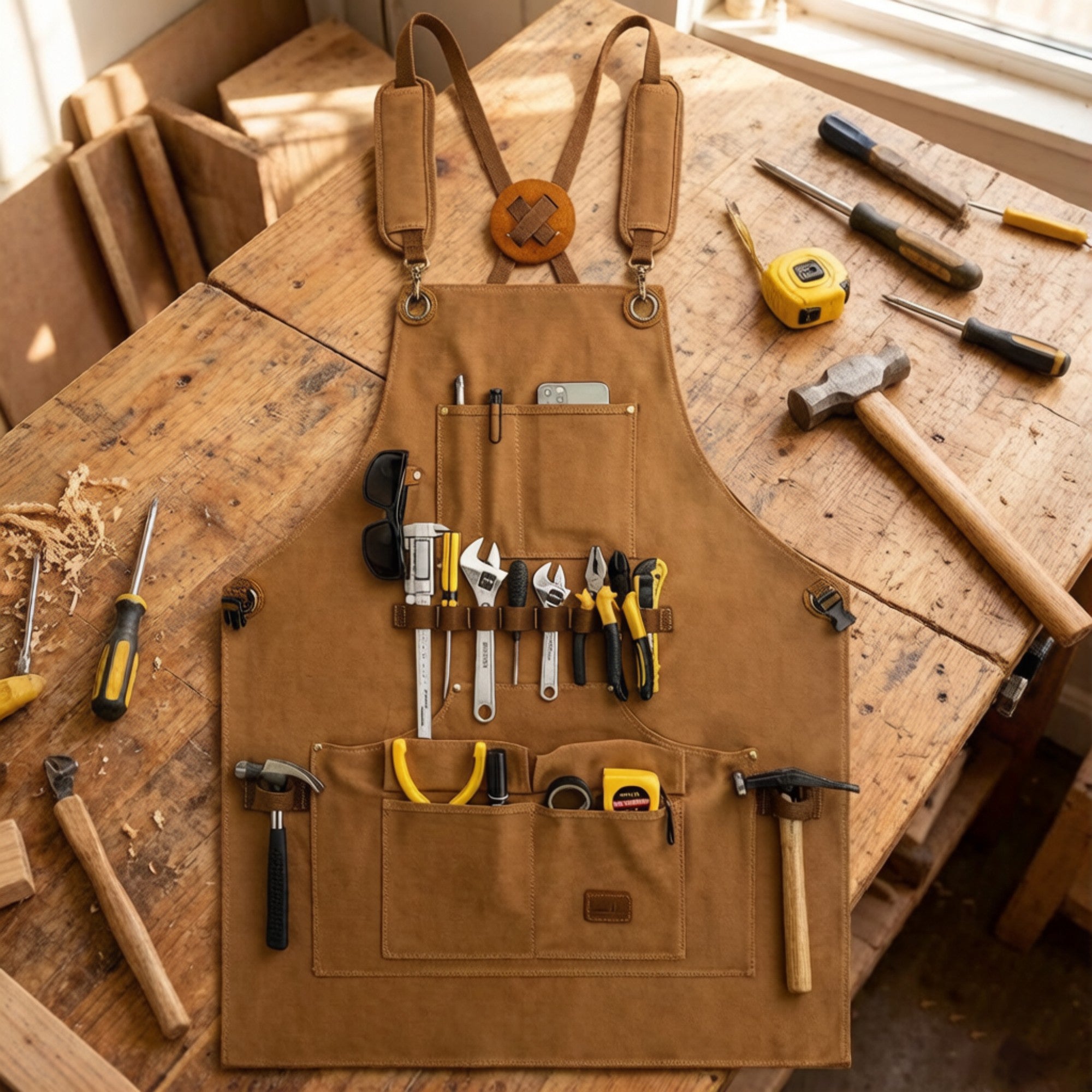Anna-Kaci Heavy Duty Cotton Tool Apron with Adjustable Cross Back Straps Multi Pocket Work Apron for Woodwork