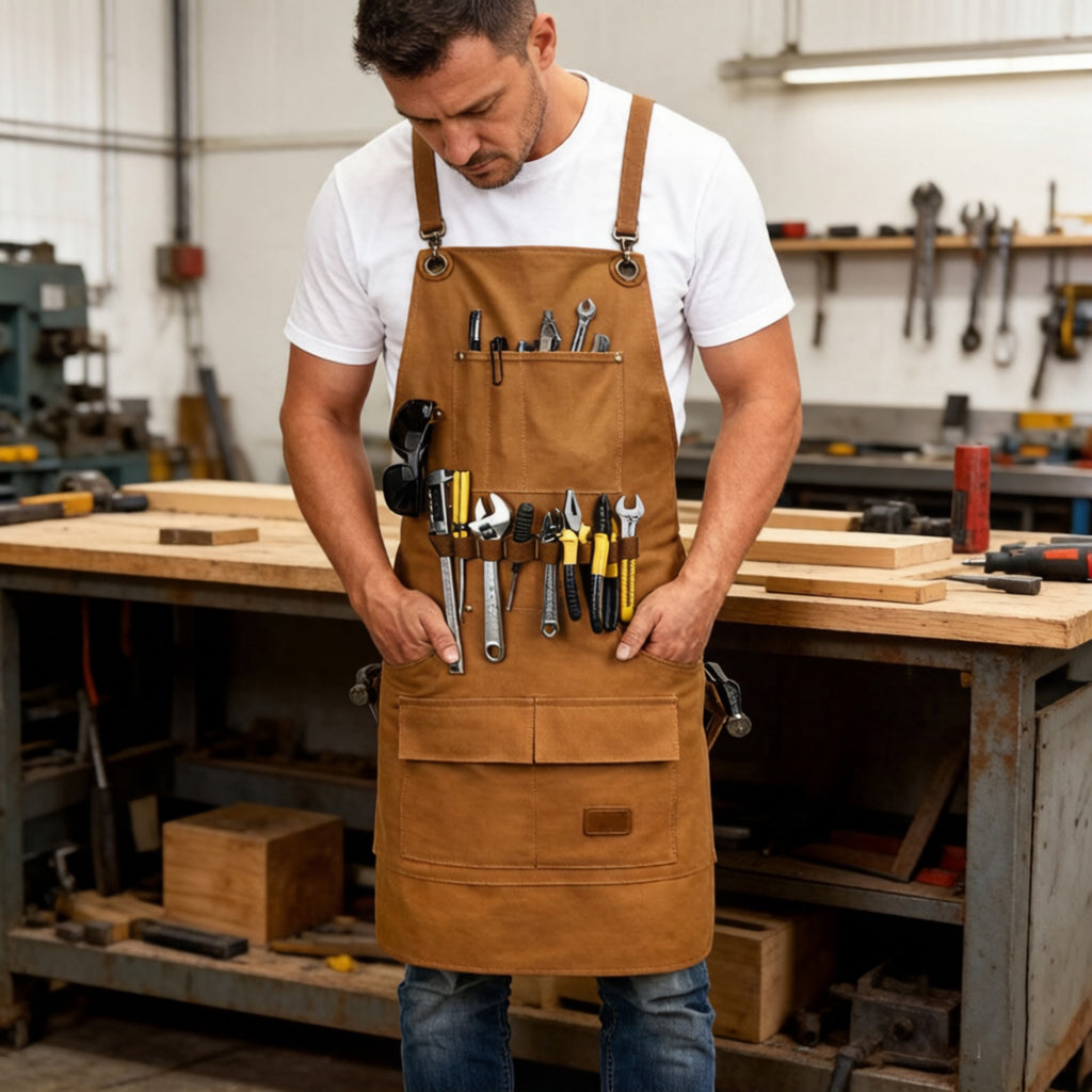 Anna-Kaci Heavy Duty Cotton Tool Apron with Adjustable Cross Back Straps Multi Pocket Work Apron for Woodwork