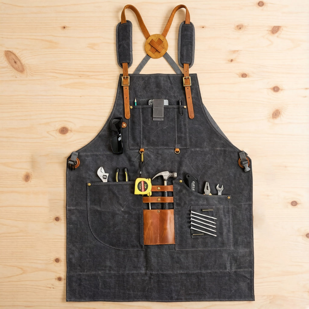 Anna-Kaci Heavy Duty Cotton Tool Apron with Adjustable Cross Back Straps Multi Pocket Work Apron for Woodwork