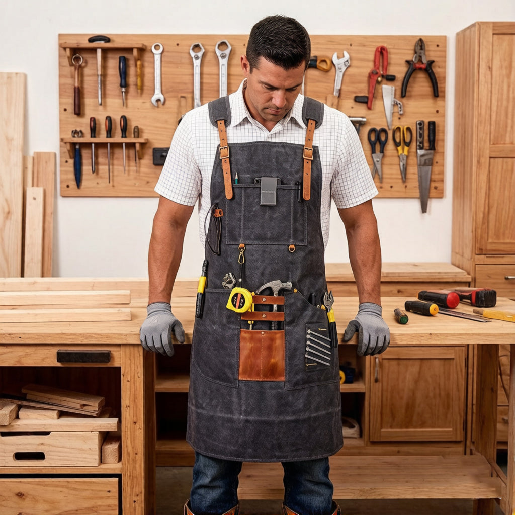 Anna-Kaci Heavy Duty Cotton Tool Apron with Adjustable Cross Back Straps Multi Pocket Work Apron for Woodwork