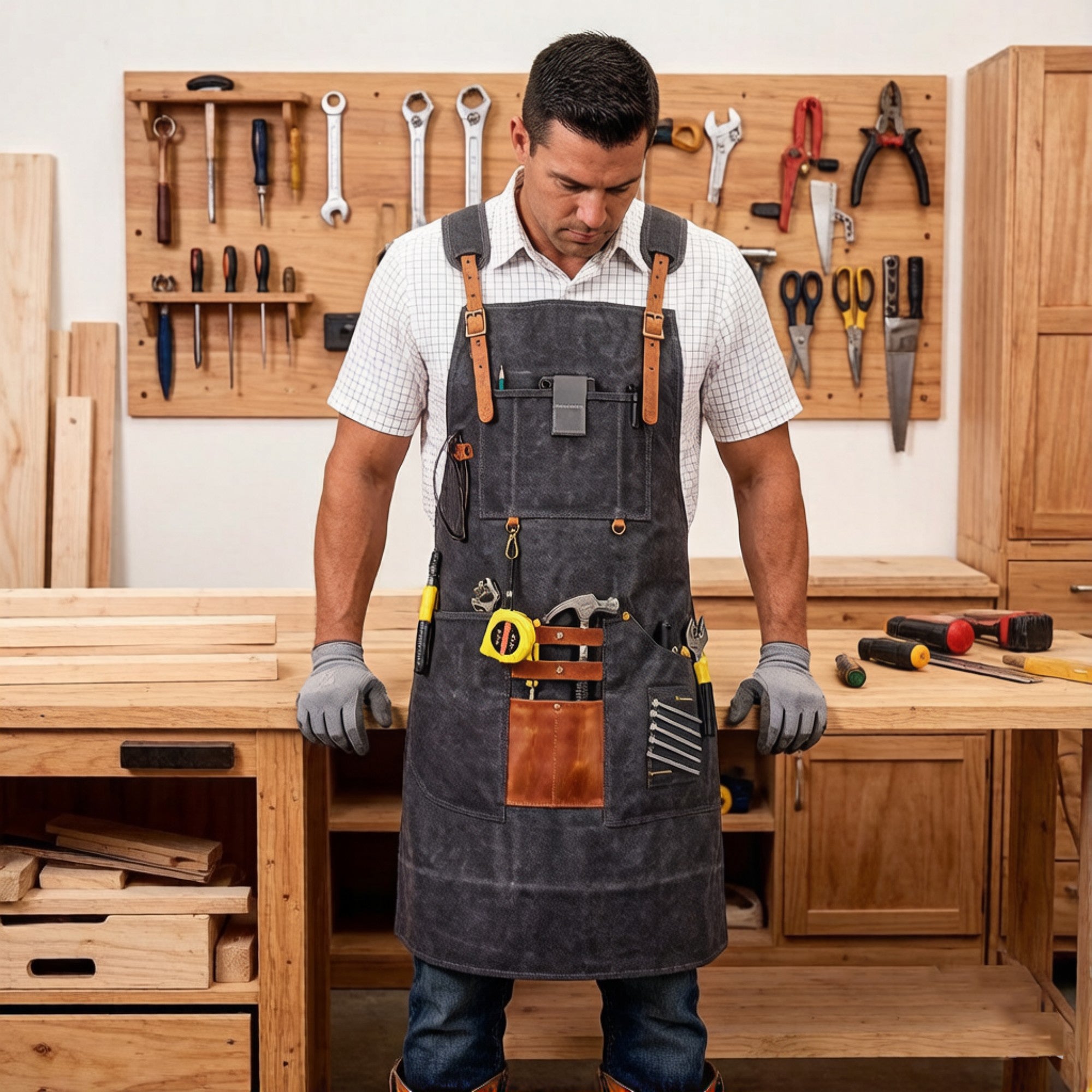 Anna-Kaci Heavy Duty Cotton Tool Apron with Adjustable Cross Back Straps Multi Pocket Work Apron for Woodwork