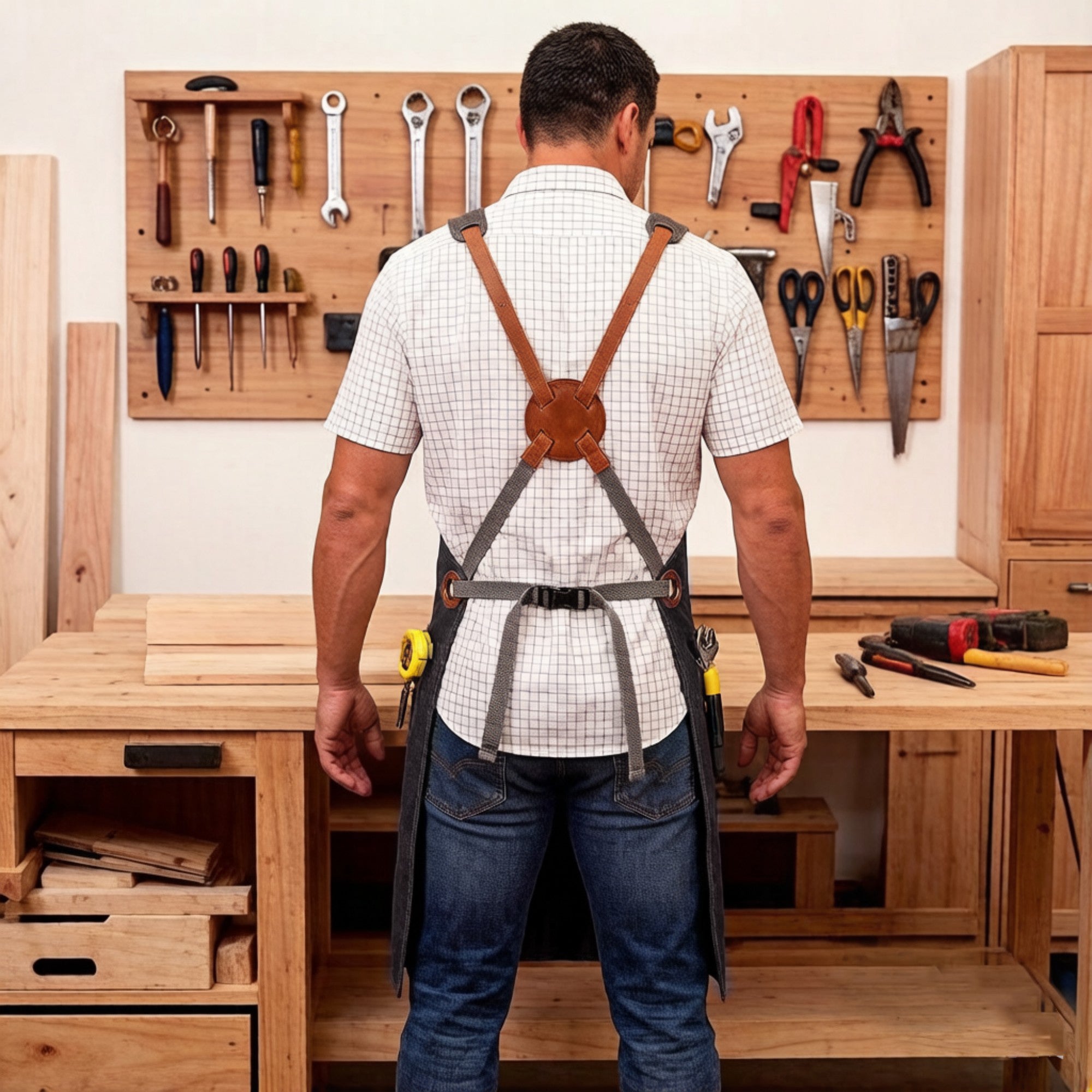 Anna-Kaci Heavy Duty Cotton Tool Apron with Adjustable Cross Back Straps Multi Pocket Work Apron for Woodwork