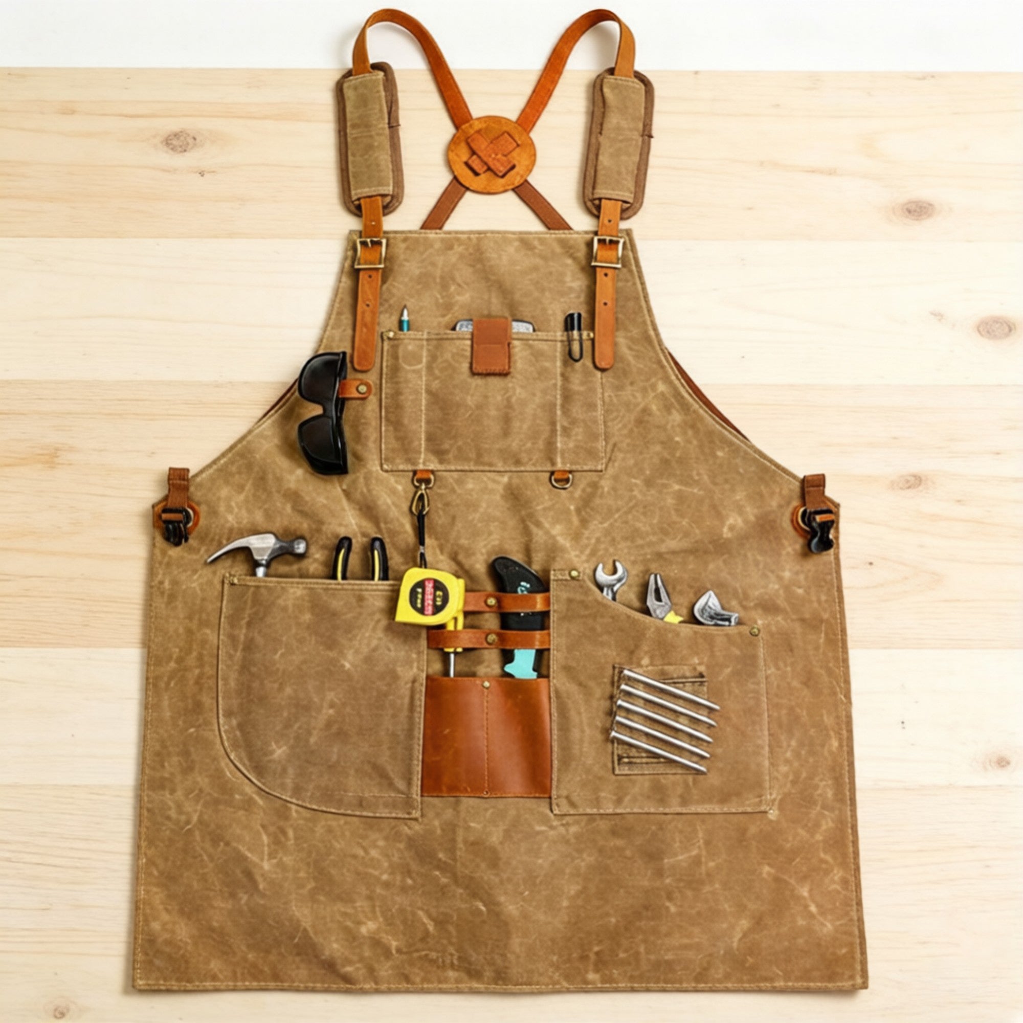 Anna-Kaci Heavy Duty Cotton Tool Apron with Adjustable Cross Back Straps Multi Pocket Work Apron for Woodwork