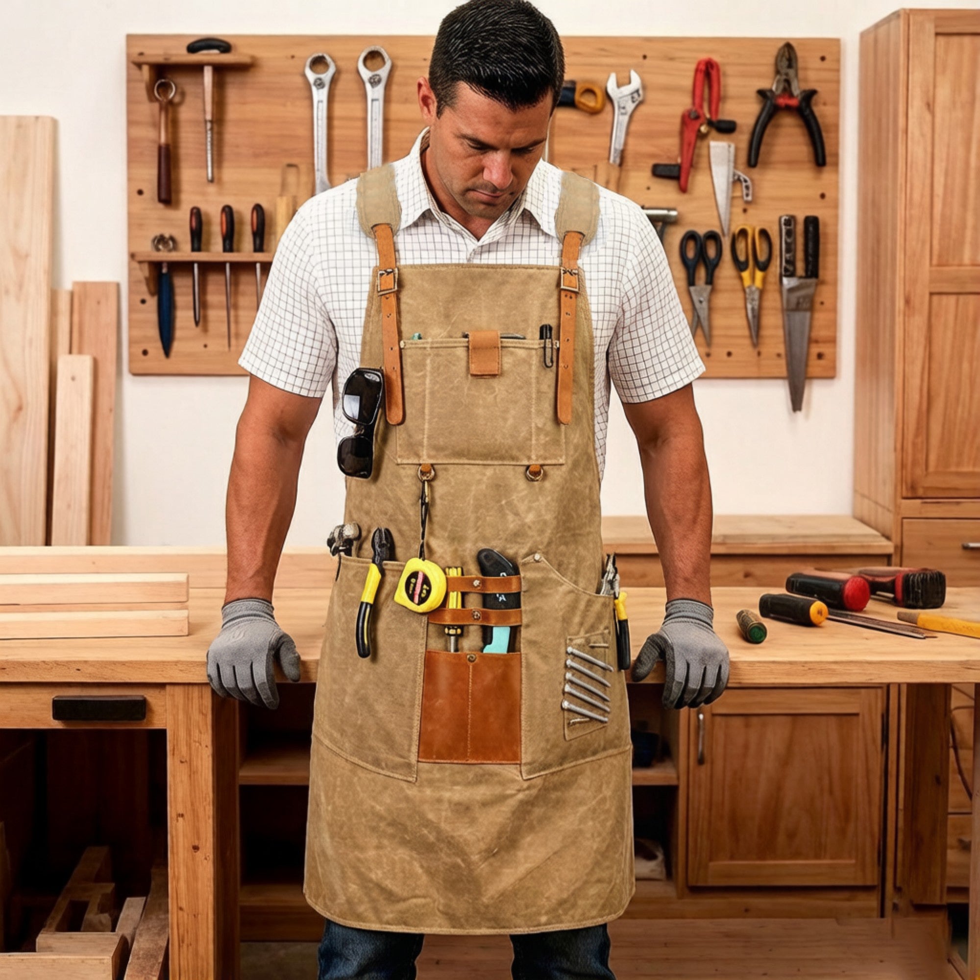 Anna-Kaci Heavy Duty Cotton Tool Apron with Adjustable Cross Back Straps Multi Pocket Work Apron for Woodwork