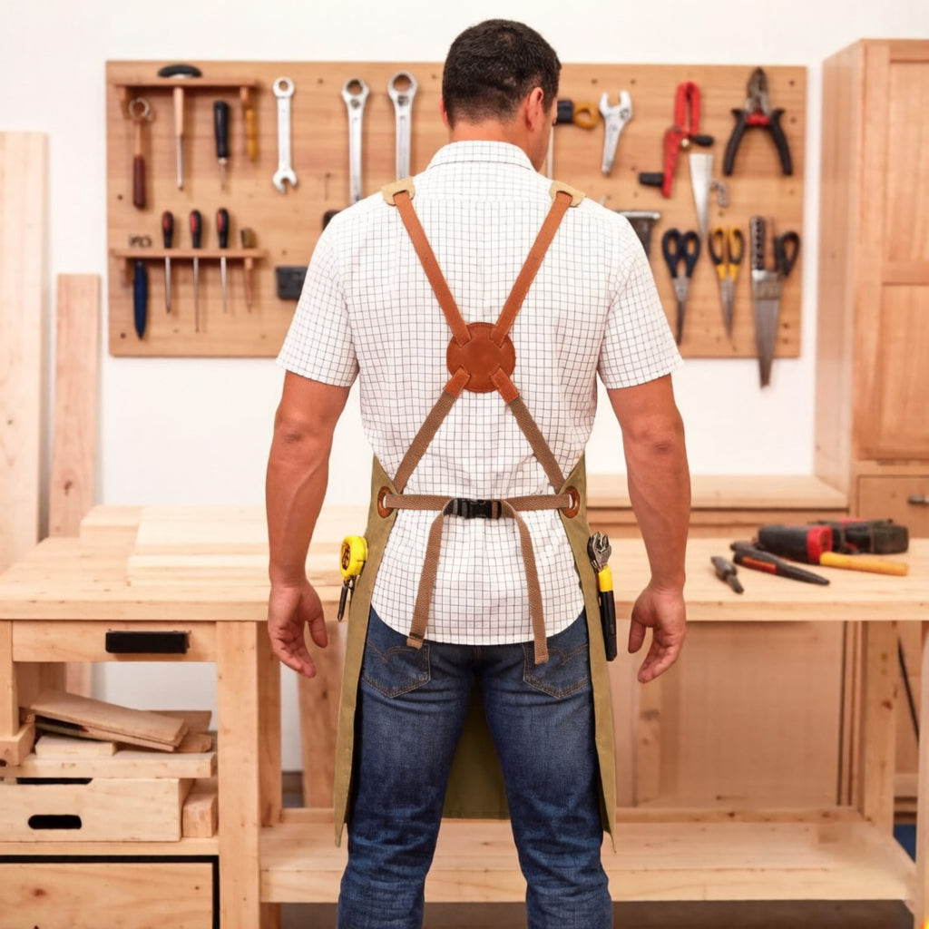 Anna-Kaci Heavy Duty Cotton Tool Apron with Adjustable Cross Back Straps Multi Pocket Work Apron for Woodwork
