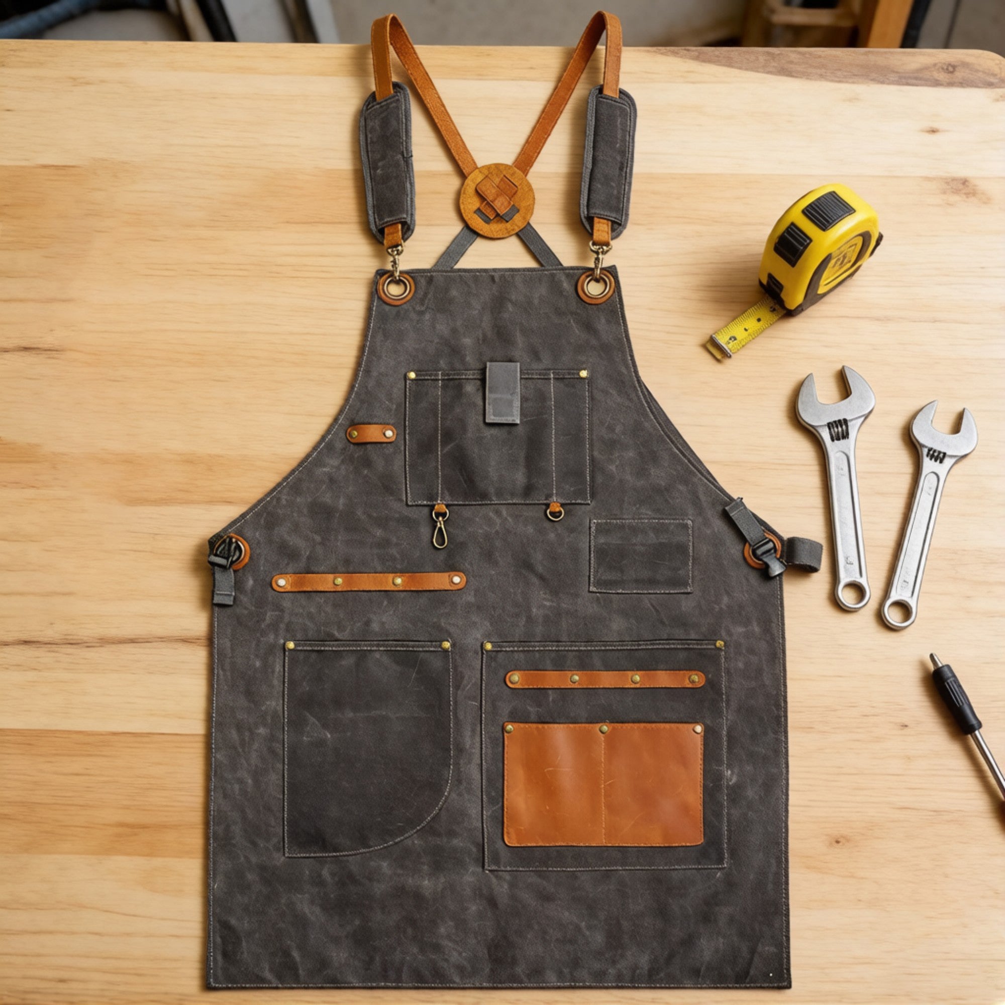 Anna-Kaci Heavy Duty Cotton Tool Apron with Adjustable Cross Back Straps Multi Pocket Utility Work Apron