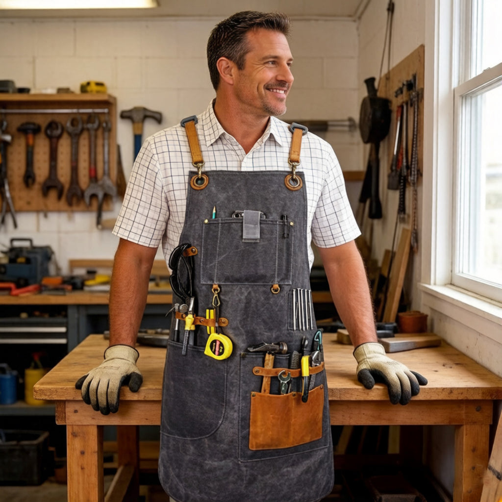 Anna-Kaci Heavy Duty Cotton Tool Apron with Adjustable Cross Back Straps Multi Pocket Utility Work Apron