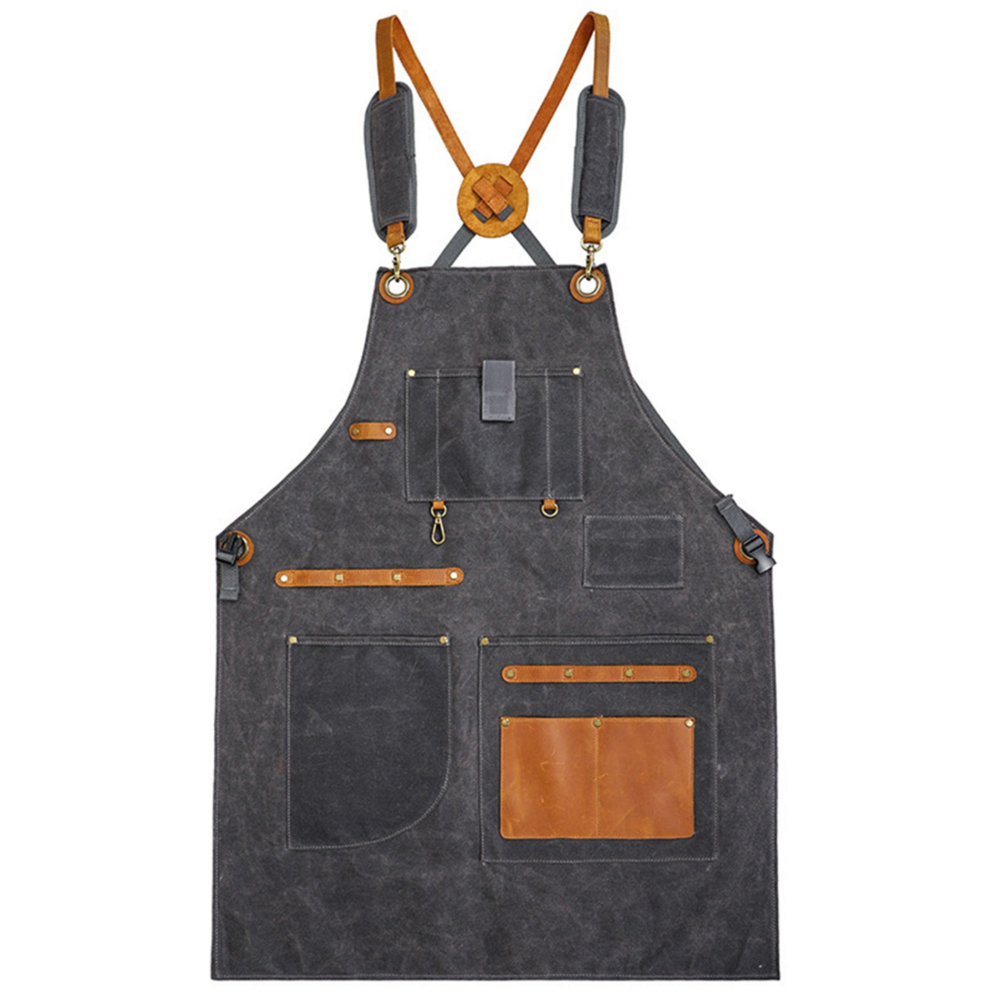 Anna-Kaci Heavy Duty Cotton Tool Apron with Adjustable Cross Back Straps Multi Pocket Utility Work Apron