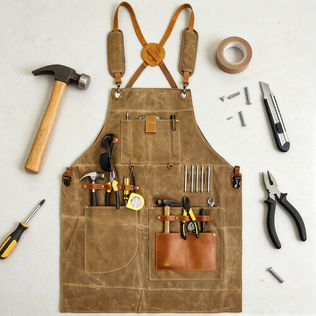 Anna-Kaci Heavy Duty Cotton Tool Apron with Adjustable Cross Back Straps Multi Pocket Utility Work Apron