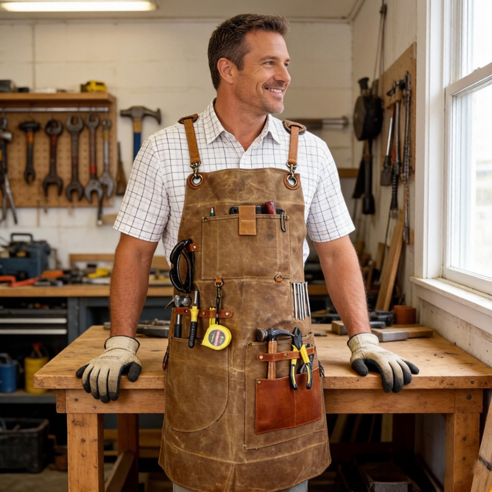 Anna-Kaci Heavy Duty Cotton Tool Apron with Adjustable Cross Back Straps Multi Pocket Utility Work Apron