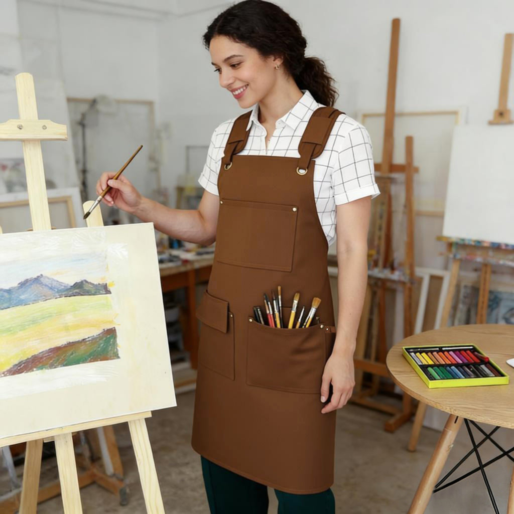 Anna-Kaci Cotton Kitchen Apron with Adjustable Cross Back Straps Multi Pocket Utility Apron for Cooking Baking