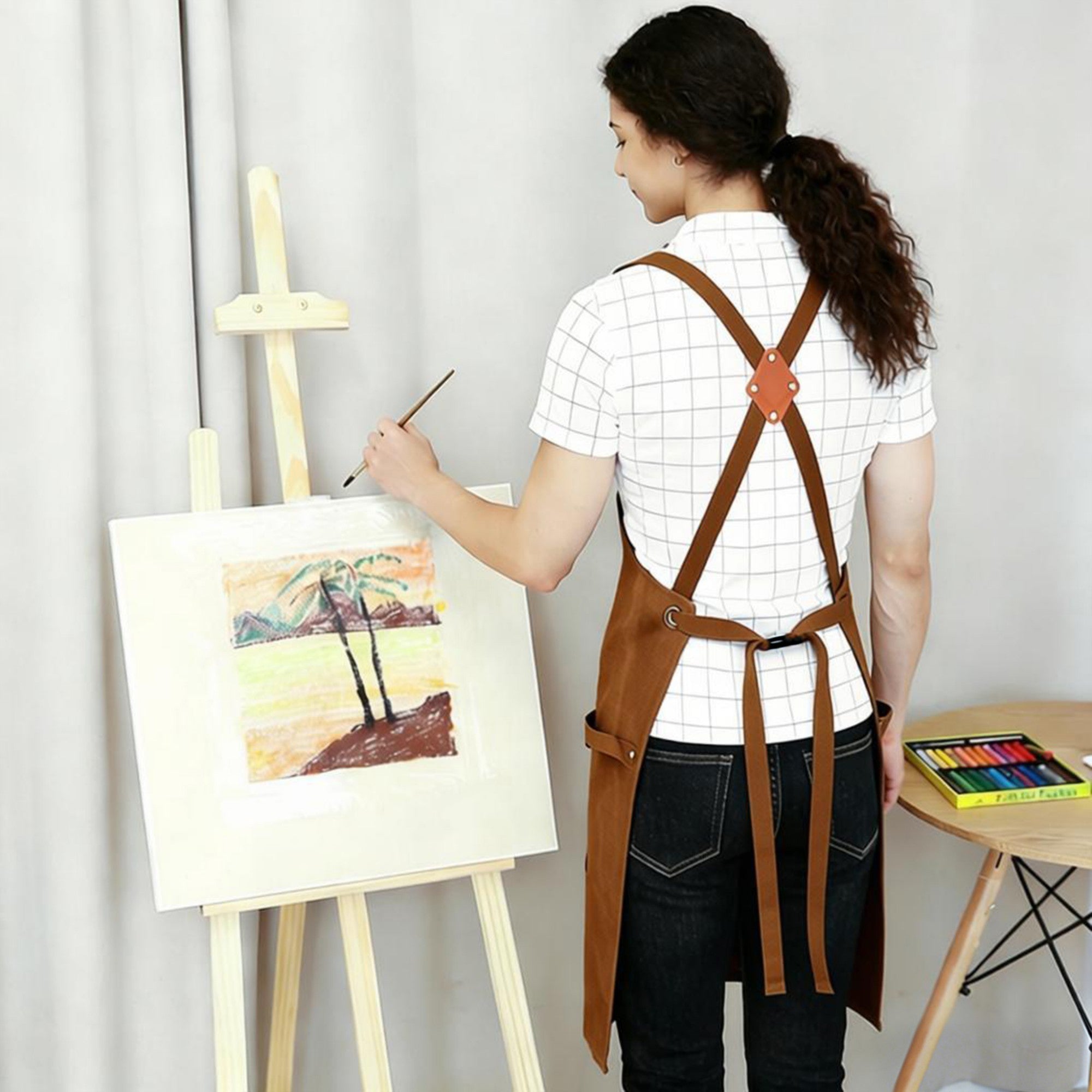 Anna-Kaci Cotton Kitchen Apron with Adjustable Cross Back Straps Multi Pocket Utility Apron for Cooking Baking