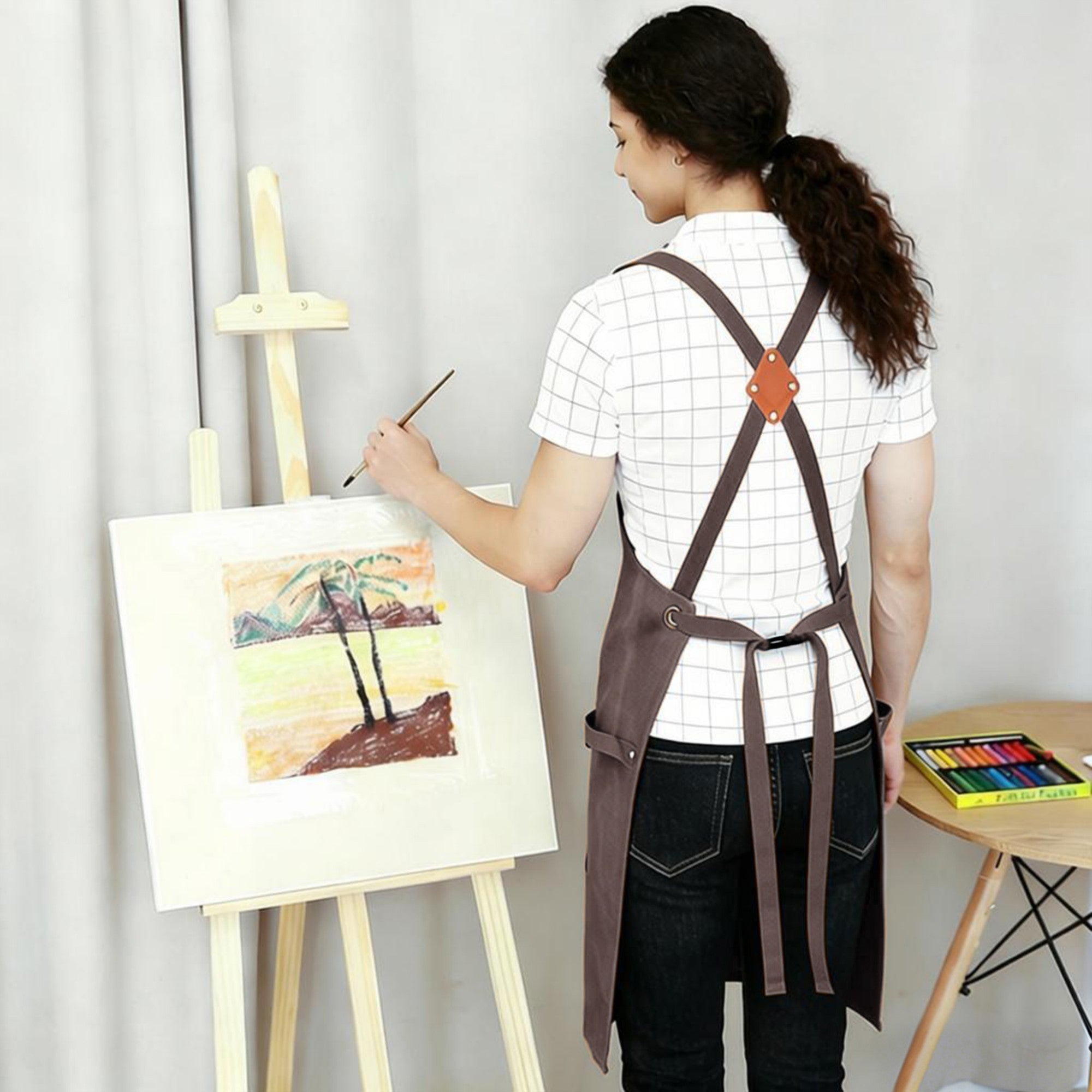 Anna-Kaci Cotton Kitchen Apron with Adjustable Cross Back Straps Multi Pocket Utility Apron for Cooking Baking