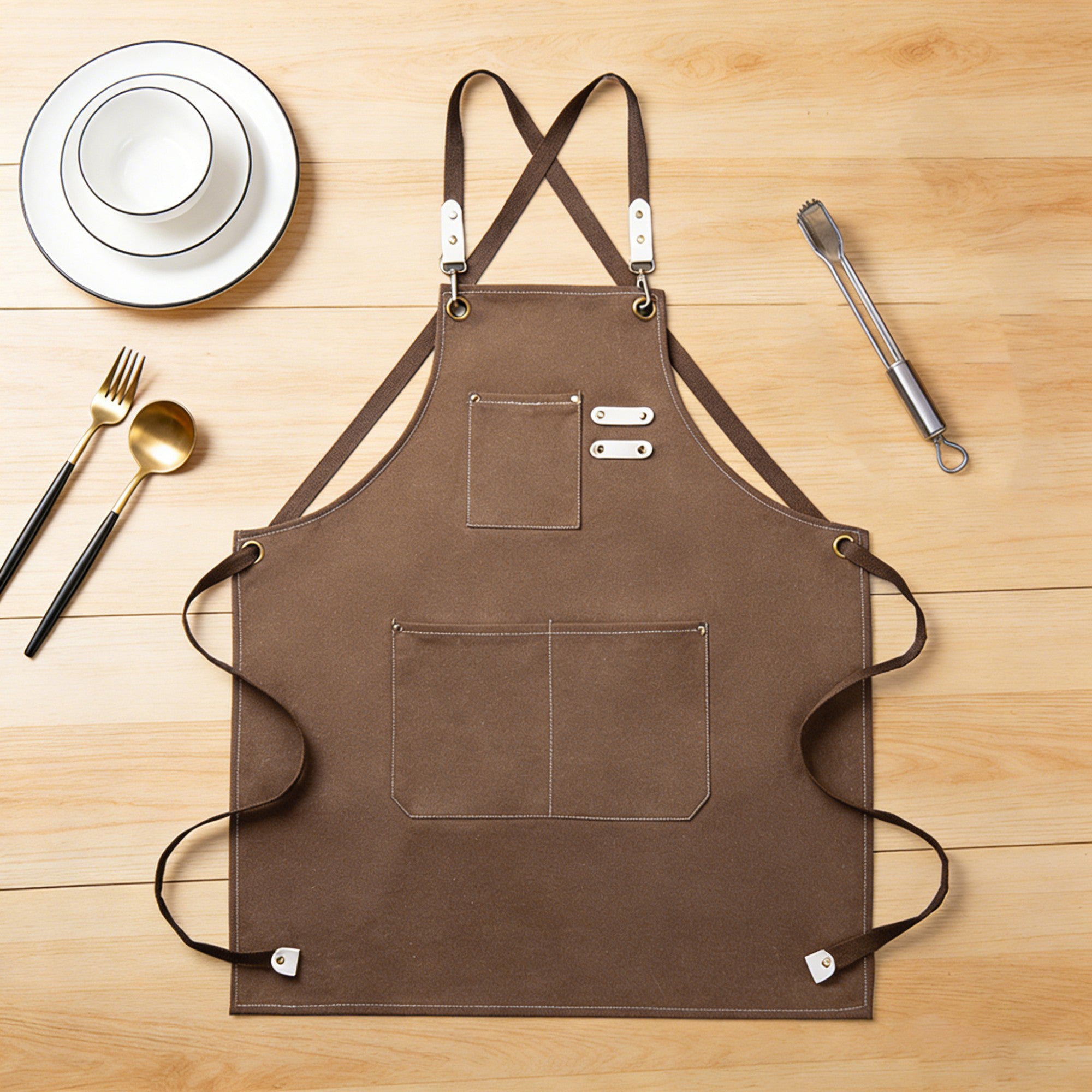 Anna-Kaci Cotton Kitchen Apron with Cross Back Straps Multi Pocket Utility Apron for Cooking Baking Craft